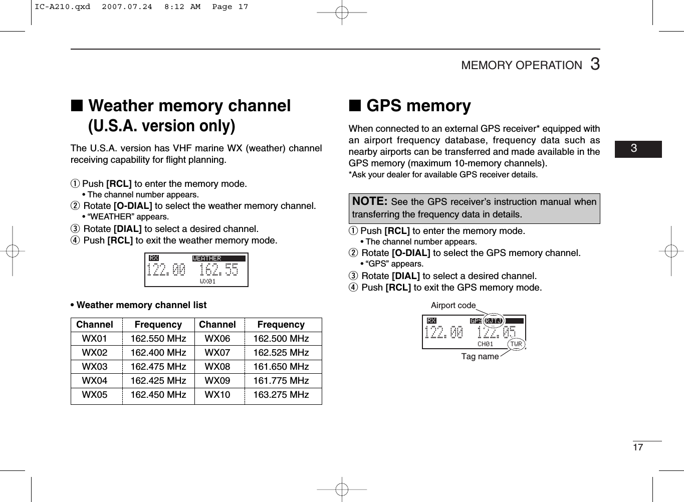 173MEMORY OPERATION03■GPS memoryWhen connected to an external GPS receiver* equipped withan airport frequency database, frequency data such asnearby airports can be transferred and made available in theGPS memory (maximum 10-memory channels).*Ask your dealer for available GPS receiver details.qPush [RCL] to enter the memory mode.• The channel number appears.wRotate [O-DIAL] to select the GPS memory channel.• “GPS” appears.eRotate [DIAL] to select a desired channel.rPush [RCL] to exit the GPS memory mode.■Weather memory channel (U.S.A. version only)The U.S.A. version has VHF marine WX (weather) channelreceiving capability for ﬂight planning.qPush [RCL] to enter the memory mode.• The channel number appears.wRotate [O-DIAL] to select the weather memory channel.• “WEATHER” appears.eRotate [DIAL] to select a desired channel.rPush [RCL] to exit the weather memory mode.WX01162.555122.00RX DUAL WEATHERCH01 TWR122.055122.00RX GPS RJTJAirport codeTag nameChannel Frequency Channel FrequencyWX01 162.550 MHz WX06 162.500 MHzWX02 162.400 MHz WX07 162.525 MHzWX03 162.475 MHz WX08 161.650 MHzWX04 162.425 MHz WX09 161.775 MHzWX05 162.450 MHz WX10 163.275 MHz• Weather memory channel listNOTE: See the GPS receiver’s instruction manual whentransferring the frequency data in details.IC-A210.qxd  2007.07.24  8:12 AM  Page 17
