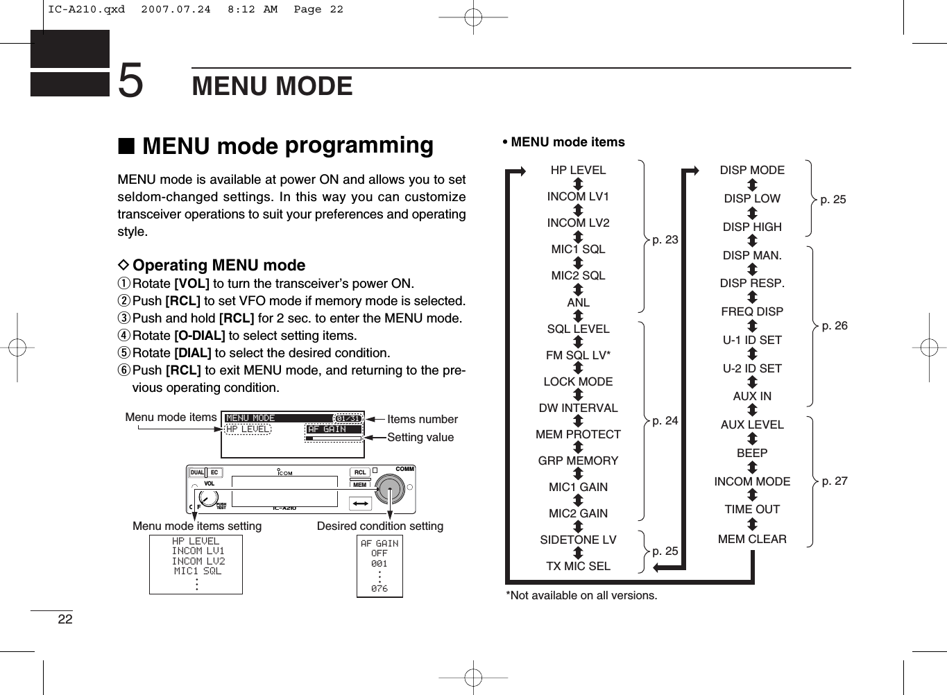 225MENU MODE■MENU mode programmingMENU mode is available at power ON and allows you to setseldom-changed settings. In this way you can customizetransceiver operations to suit your preferences and operatingstyle.DOperating MENU modeqRotate [VOL] to turn the transceiver’s power ON.wPush [RCL] to set VFO mode if memory mode is selected.ePush and hold [RCL] for 2 sec. to enter the MENU mode.rRotate [O-DIAL] to select setting items.tRotate [DIAL] to select the desired condition.yPush [RCL] to exit MENU mode, and returning to the pre-vious operating condition.• MENU mode itemsMENU MODEHP LEVEL AF GAIN01/31RCLMEMOFFVOLPUSHTESTCOMMDUALECiA210AF GAINOFF001076Desired condition settingHP LEVELINCOM LV1INCOM LV2MIC1 SQLMenu mode items settingMenu mode items Items numberSetting valuep. 23HP LEVELGRP MEMORYINCOM LV2INCOM LV1MIC1 SQLMIC2 SQLANLSQL LEVELFM SQL LV**Not available on all versions.LOCK MODEDW INTERVALMEM PROTECTMIC2 GAINMIC1 GAINSIDETONE LVTX MIC SELDISP HIGHDISP MAN.AUX LEVELDISP MODEDISP LOWDISP RESP.FREQ DISPU-1 ID SETU-2 ID SETAUX INBEEPINCOM MODETIME OUTMEM CLEARp. 26p. 27p. 25p. 24p. 25IC-A210.qxd  2007.07.24  8:12 AM  Page 22