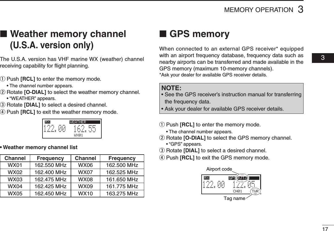 173MEMORY OPERATION  03■ GPS memoryWhen connected to an external GPS receiver* equipped with an airport frequency database, frequency data such as nearby airports can be transferred and made available in the GPS memory (maximum 10-memory channels).*Ask your dealer for available GPS receiver details.q  Push [RCL] to enter the memory mode. •Thechannelnumberappears.w  Rotate [O-DIAL] to select the GPS memory channel. •“GPS”appears.e  Rotate [DIAL] to select a desired channel.r  Push [RCL] to exit the GPS memory mode.■ Weather memory channel  (U.S.A. version only)The U.S.A. version has VHF marine WX (weather) channel receiving capability for ﬂight planning.q  Push [RCL] to enter the memory mode. •Thechannelnumberappears.w  Rotate [O-DIAL] to select the weather memory channel. •“WEATHER”appears.e  Rotate [DIAL] to select a desired channel.r  Push [RCL] to exit the weather memory mode.WX01162.555122.00RX DUAL WEATHERCH01 TWR122.055122.00RX GPS RJTJAirport codeTag name• Weather memory channel listNOTE: •SeetheGPSreceiver’sinstructionmanualfortransferringthe frequency data.•AskyourdealerforavailableGPSreceiverdetails.Channel Frequency Channel FrequencyWX01 162.550 MHz WX06 162.500 MHzWX02 162.400 MHz WX07 162.525 MHzWX03 162.475 MHz WX08 161.650 MHzWX04 162.425 MHz WX09 161.775 MHzWX05 162.450 MHz WX10 163.275 MHz
