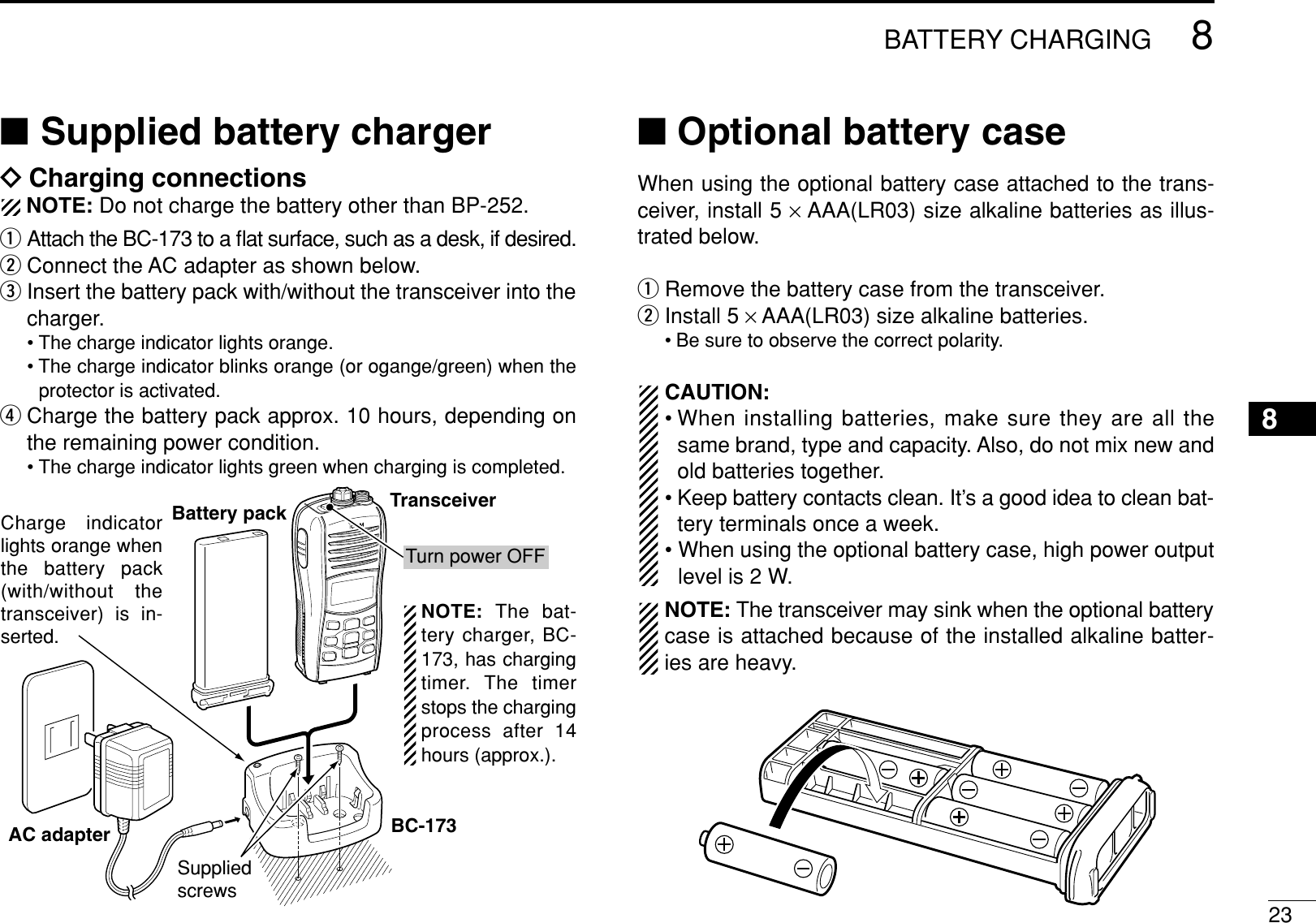 238BATTERY CHARGING12345678910111213141516■Supplied battery chargerïCharging connectionsNOTE: Do not charge the battery other than BP-252.qAttach the BC-173 to a ﬂat surface, such as a desk, if desired.wConnect the AC adapter as shown below.eInsert the battery pack with/without the transceiver into thecharger.• The charge indicator lights orange.• The charge indicator blinks orange (or ogange/green) when theprotector is activated.rCharge the battery pack approx. 10 hours, depending onthe remaining power condition.• The charge indicator lights green when charging is completed.■Optional battery caseWhen using the optional battery case attached to the trans-ceiver, install 5 ×AAA(LR03) size alkaline batteries as illus-trated below.qRemove the battery case from the transceiver.wInstall 5 ×AAA(LR03) size alkaline batteries.• Be sure to observe the correct polarity.CAUTION:• When installing batteries, make sure they are all thesame brand, type and capacity. Also, do not mix new andold batteries together.• Keep battery contacts clean. It’s a good idea to clean bat-tery terminals once a week.• When using the optional battery case, high power outputlevel is 2 W.NOTE: The transceiver may sink when the optional batterycase is attached because of the installed alkaline batter-ies are heavy.Charge indicator lights orange when the battery pack (with/without the transceiver) is in-serted.BC-173SuppliedscrewsBattery pack TransceiverAC adapterTurn power OFFNOTE: The bat-tery charger, BC-173, has chargingtimer. The timerstops the chargingprocess after 14hours (approx.).