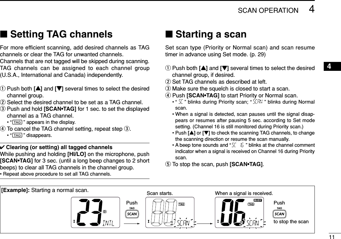 114SCAN OPERATION4■Setting TAG channelsFor more efficient scanning, add desired channels as TAGchannels or clear the TAG for unwanted channels.Channels that are not tagged will be skipped during scanning.TAG channels can be assigned to each channel group(U.S.A., International and Canada) independently.qPush both [YY]and [ZZ]several times to select the desiredchannel group.wSelect the desired channel to be set as a TAG channel.ePush and hold [SCAN•TAG] for 1 sec. to set the displayedchannel as a TAG channel.• “ ” appears in the display.rTo cancel the TAG channel setting, repeat step e.• “ ” disappears.✔Clearing (or setting) all tagged channelsWhile pushing and holding [HI/LO] on the microphone, push[SCAN•TAG] for 3 sec. (until a long beep changes to 2 shortbeeps) to clear all TAG channels in the channel group.• Repeat above procedure to set all TAG channels.■Starting a scanSet scan type (Priority or Normal scan) and scan resumetimer in advance using Set mode. (p. 29)qPush both [YY]and [ZZ]several times to select the desiredchannel group, if desired.wSet TAG channels as described at left.eMake sure the squelch is closed to start a scan.rPush [SCAN•TAG] to start Priority or Normal scan.• “ ” blinks during Priority scan; “ ” blinks during Normalscan.• When a signal is detected, scan pauses until the signal disap-pears or resumes after pausing 5 sec. according to Set modesetting. (Channel 16 is still monitored during Priority scan.)• Push [Y]or [Z]to check the scanning TAG channels, to changethe scanning direction or resume the scan manually.• A beep tone sounds and “ ” blinks at the channel commentindicator when a signal is received on Channel 16 during Priorityscan.tTo stop the scan, push [SCAN•TAG].to stop the scanPushPushScan starts. When a signal is received.[Example]: Starting a normal scan.