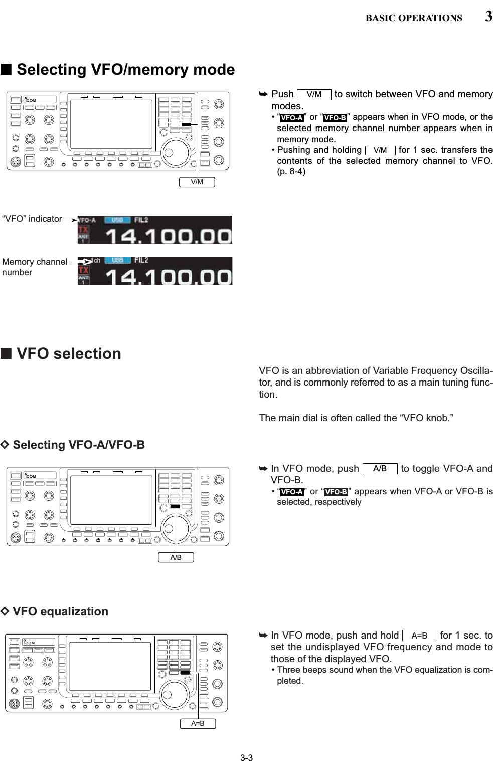 ■VFO selectionVFO is an abbreviation of Variable Frequency Oscilla-tor, and is commonly referred to as a main tuning func-tion.The main dial is often called the “VFO knob.”DSelecting VFO-A/VFO-B➥In VFO mode, push  to toggle VFO-A andVFO-B.• “ ” or “ ” appears when VFO-A or VFO-B isselected, respectively DVFO equalization➥In VFO mode, push and hold  for 1 sec. toset the undisplayed VFO frequency and mode tothose of the displayed VFO.• Three beeps sound when the VFO equalization is com-pleted.A=BVFO-BVFO-AA/B3-33BASIC OPERATIONS■Selecting VFO/memory mode➥Push  to switch between VFO and memorymodes.• “ ” or “ ” appears when in VFO mode, or theselected memory channel number appears when inmemory mode.• Pushing and holding  for 1 sec. transfers thecontents of the selected memory channel to VFO. (p. 8-4)V/MVFO-BVFO-AV/MV/M“VFO” indicatorMemory channelnumberA/BA=B