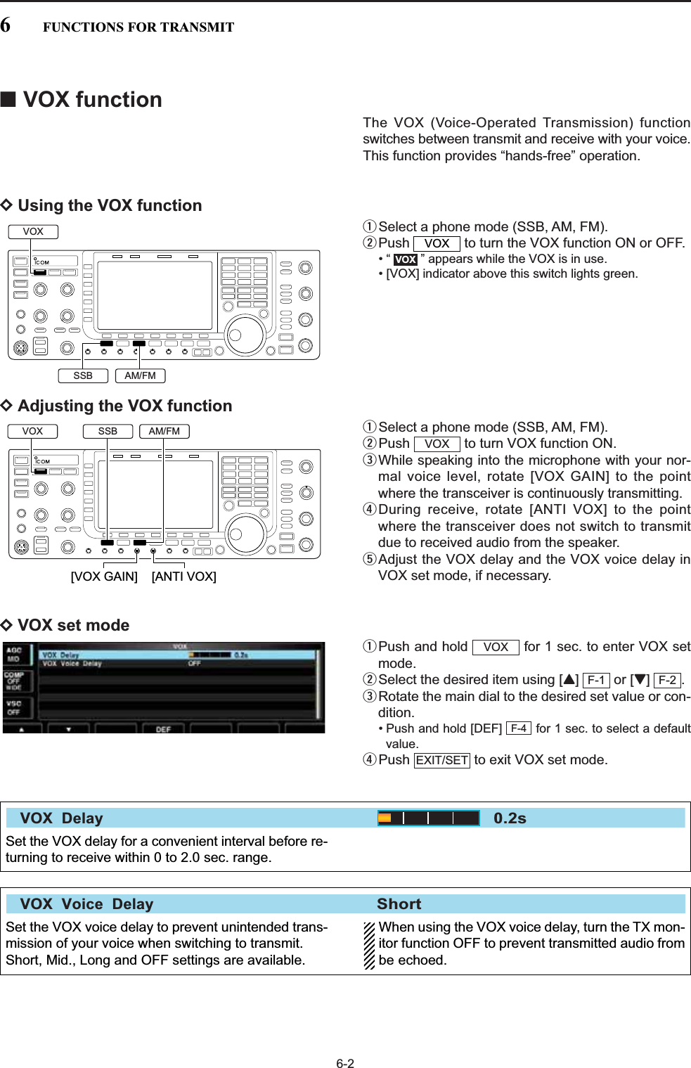 6-2■VOX functionThe VOX (Voice-Operated Transmission) functionswitches between transmit and receive with your voice.This function provides “hands-free” operation.DUsing the VOX functionqSelect a phone mode (SSB, AM, FM).wPush  to turn the VOX function ON or OFF.• “  ” appears while the VOX is in use.• [VOX] indicator above this switch lights green.DAdjusting the VOX functionqSelect a phone mode (SSB, AM, FM).wPush  to turn VOX function ON.eWhile speaking into the microphone with your nor-mal voice level, rotate [VOX GAIN] to the pointwhere the transceiver is continuously transmitting.rDuring receive, rotate [ANTI VOX] to the pointwhere the transceiver does not switch to transmitdue to received audio from the speaker.tAdjust the VOX delay and the VOX voice delay inVOX set mode, if necessary.DVOX set modeqPush and hold  for 1 sec. to enter VOX setmode.wSelect the desired item using [Y] or [Z] .eRotate the main dial to the desired set value or con-dition.• Push and hold [DEF]  for 1 sec. to select a defaultvalue.rPush  to exit VOX set mode.EXIT/SETF-4F-2F-1VOXVOXVOXVOX[VOX GAIN] [ANTI VOX]AM/FMSSBVOXAM/FMSSBVOX6FUNCTIONS FOR TRANSMITSet the VOX delay for a convenient interval before re-turning to receive within 0 to 2.0 sec. range.VOX  Delay0.2sSet the VOX voice delay to prevent unintended trans-mission of your voice when switching to transmit.Short, Mid., Long and OFF settings are available.When using the VOX voice delay, turn the TX mon-itor function OFF to prevent transmitted audio frombe echoed.VOX  Voice  DelayShort