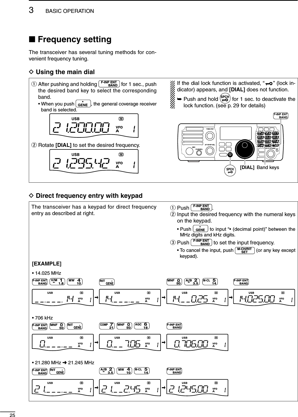 25N Frequency settingThe transceiver has several tuning methods for con-venient frequency tuning.D Using the main dialq  After pushing and holding F-INP ENTBAND for 1 sec., push the desired band key to select the corresponding band. •  When you push  •GENE , the general coverage receiver band is selected.w Rotate [DIAL] to set the desired frequency. If the dial lock function is activated, “ ” (lock in-dicator) appears, and [DIAL] does not function.±  Push and hold SPCH for 1 sec. to deactivate the lock function. (see p. 29 for details)MODETUNERTSFILTERSPCHV/MA/BSPLITM-CLSCANSETATTP.AMPCOMPVOXMNFRIT123456780502818141021 24=73.51.8F-INPM-CH/RITENTBANDGENE9.AGCMWANFMETERNRNBBand keys[DIAL]D Direct frequency entry with keypadThe transceiver has a keypad for direct frequency entry as described at right.q  Push  F-INP ENTBAND .w  Input the desired frequency with the numeral keys on the keypad. •  Push  •GENE  to input “• (decimal point)” between the MHz digits and kHz digits.e Push  F-INP ENTBAND  to set the input frequency. •  To cancel the input, push  M-CH/RITSET  (or any key except keypad).• 21.280 MHz  21.245 MHz• 14.025 MHz[EXAMPLE]• 706 kHzF-INP ENTBANDF-INP ENTBANDRITGENE.F-INP ENTBANDF-INP ENTBAND410MWV/M11.8RITGENE.MNF050M-CL514A/B2=3.5F-INP ENTBANDMNF050RITGENE.MNF050COMP721618AGCM-CL514A/B2=3.5410MWF-INP ENTBAND3BASIC OPERATION