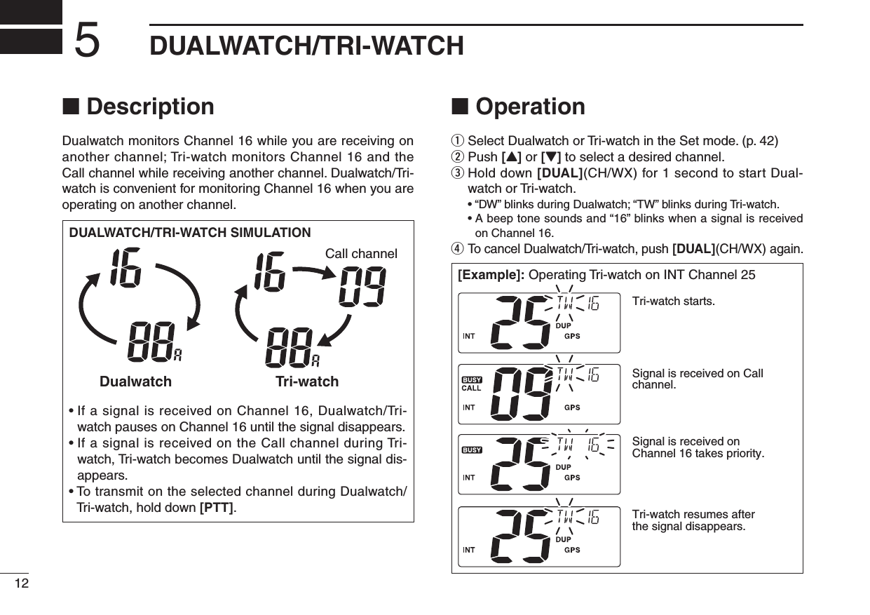 12New2001DUALWATCH/TRI-WATCH5n DescriptionDualwatch monitors Channel 16 while you are receiving on another channel; Tri-watch monitors Channel 16 and the Call channel while receiving another channel. Dualwatch/Tri-watch is convenient for monitoring Channel 16 when you are operating on another channel.n Operationq Select Dualwatch or Tri-watch in the Set mode. (p. 42)w  Push [Y] or [Z] to select a desired channel.e  Hold down [DUAL](CH/WX) for 1 second to start Dual-watch or Tri-watch. •“DW”blinksduringDualwatch;“TW”blinksduringTri-watch. •Abeeptonesoundsand“16”blinkswhenasignalisreceivedon Channel 16. r  To cancel Dualwatch/Tri-watch, push [DUAL](CH/WX) again.DUALWATCH/TRI-WATCH SIMULATIONDualwatchTri-watchCall channel•IfasignalisreceivedonChannel16,Dualwatch/Tri-watch pauses on Channel 16 until the signal disappears.•IfasignalisreceivedontheCallchannelduringTri-watch, Tri-watch becomes Dualwatch until the signal dis-appears.•TotransmitontheselectedchannelduringDualwatch/Tri-watch, hold down [PTT].[Example]: Operating Tri-watch on INT Channel 25Tri-watch starts.Signal is received on Call channel.Signal is received on Channel 16 takes priority.Tri-watch resumes after the signal disappears.