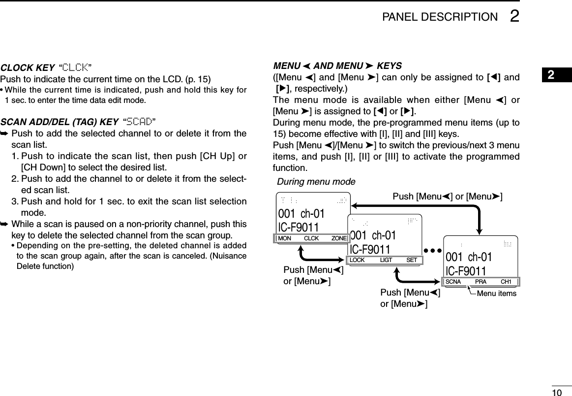 102PANEL DESCRIPTION12345678910111213141516CLOCK KEY  “CLCK” Push to indicate the current time on the LCD. (p. 15)•  While the current time is indicated, push and hold this key for 1 sec. to enter the time data edit mode.SCAN ADD/DEL (TAG) KEY  “SCAD”➥  Push to add the selected channel to or delete it from the scan list.  1.  Push to indicate the scan list, then push [CH Up] or [CH Down] to select the desired list.  2.  Push to add the channel to or delete it from the select-ed scan list.  3.  Push and hold for 1 sec. to exit the scan list selection mode.➥  While a scan is paused on a non-priority channel, push this key to delete the selected channel from the scan group.  •  Depending on the pre-setting, the deleted channel is added to the scan group again, after the scan is canceled. (Nuisance Delete function)MENU   AND MENU ➤ KEYS( [Menu  ] and [Menu ➤] can only be assigned to [Ω] and [≈], respectively.)The  menu  mode  is  available  when  either  [Menu  ]  or  [Menu ➤] is assigned to [Ω] or [≈].During menu mode, the pre-programmed menu items (up to 15) become effective with [I], [II] and [III] keys. Push [Menu  ]/[Menu ➤] to switch the previous/next 3 menu items, and push [I], [II] or [III] to activate the programmed function.During menu modePush [Menu�]or [Menu�]Push [Menu�]or [Menu�]Push [Menu�] or [Menu�]001ch-01IC-F9011MON          CLCK          ZONE001ch-01IC-F9011LOCK            LIGT           SET001ch-01IC-F9011SCNA           PRA           CH1Menu items