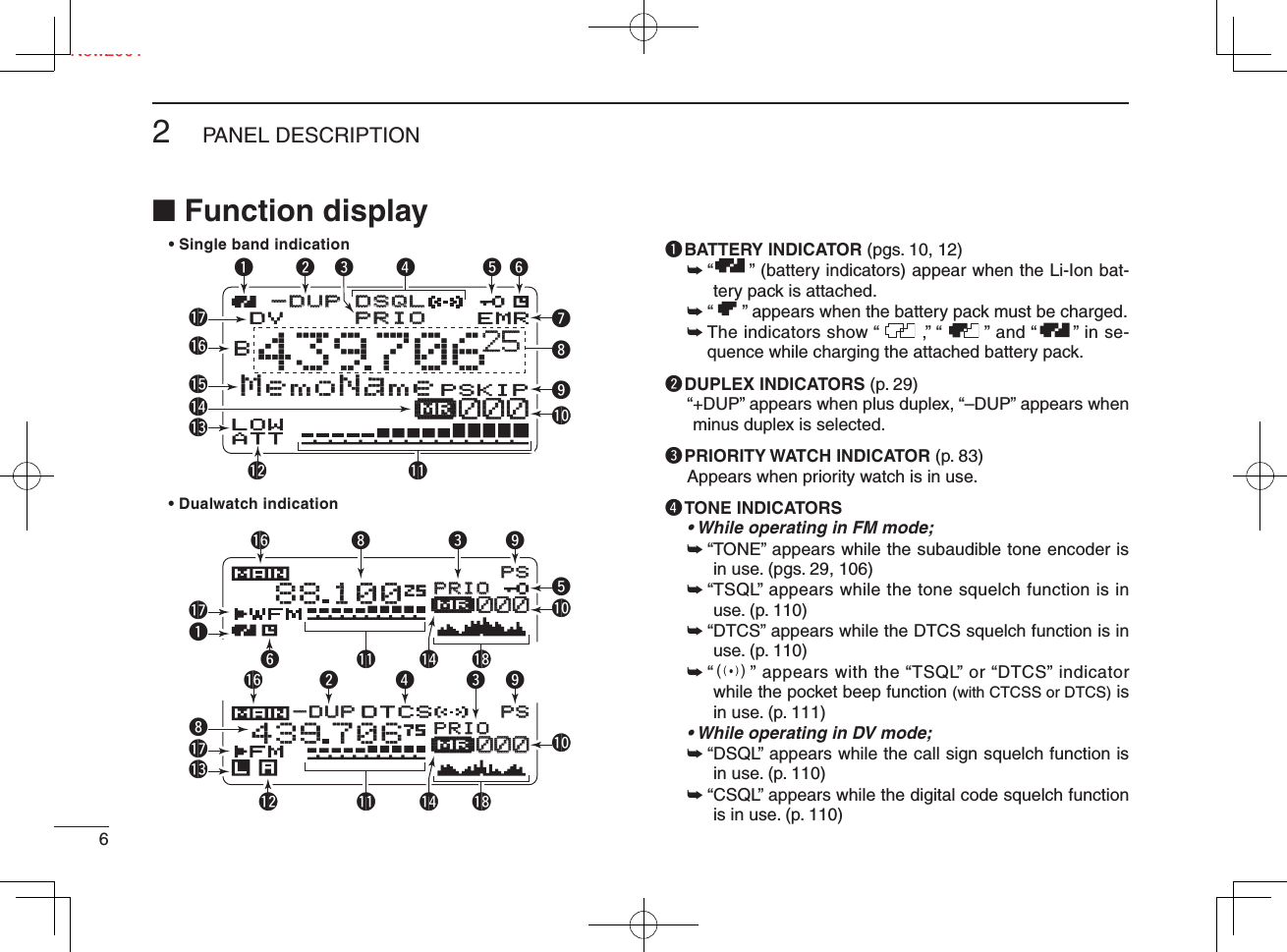 62PANEL DESCRIPTIONNew2001 Ne■ Function displayq BATTERY INDICATOR (pgs. 10, 12)➥ “       ” (battery indicators) appear when the Li-Ion bat-tery pack is attached.➥ “      ” appears when the battery pack must be charged.➥  The indicators show “       ,” “       ” and “      ” in se-quence while charging the attached battery pack.w DUPLEX INDICATORS (p. 29)“ +DUP” appears when plus duplex, “–DUP” appears when minus duplex is selected.e PRIORITY WATCH INDICATOR (p. 83)Appears when priority watch is in use.r TONE INDICATORS• While operating in FM mode;➥ “ TONE” appears while the subaudible tone encoder is in use. (pgs. 29, 106)➥ “ TSQL” appears while the tone squelch function is in use. (p. 110)➥ “ DTCS” appears while the DTCS squelch function is in use. (p. 110)➥ “ S” appears with the “TSQL” or “DTCS” indicator while the pocket beep function (with CTCSS or DTCS) is in use. (p. 111)• While operating in DV mode;➥ “ DSQL” appears while the call sign squelch function is in use. (p. 110)➥ “ CSQL” appears while the digital code squelch function is in use. (p. 110)• Dualwatch indication• Single band indicationMemoNameμPRIOPRIO EMRDSQLDSQLDVBLOWATT439706PSKIP-DUP-DUP2525000PSPSPRIOPRIO25μ00000088 100DTCSPSPSPRIOPRIO-DUP-DUP75μ000000439706q!6 i e owe r ty!1!8!1y !4!2!3!7q!4!5!6!7 ut!0!6 w r e o!8!1!2 !4!7i!3!0io!0