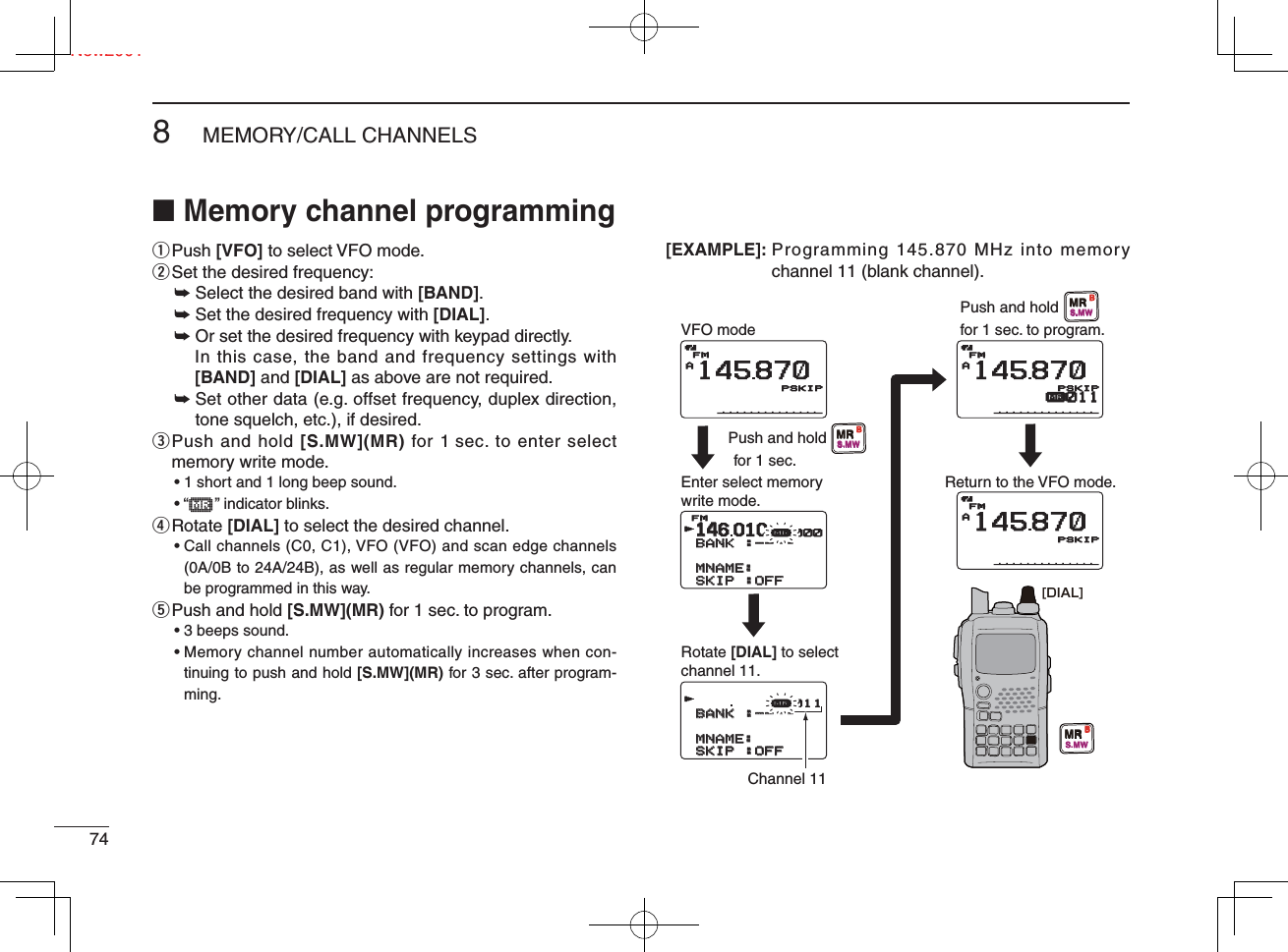 Ne748MEMORY/CALL CHANNELSNew2001■ Memory channel programmingq Push  [VFO] to select VFO mode.w Set the desired frequency:➥ Select the desired band with [BAND].➥ Set the desired frequency with [DIAL].➥ Or set the desired frequency with keypad directly.  In this case, the band and frequency settings with [BAND] and [DIAL] as above are not required.➥  Set other data (e.g. offset frequency, duplex direction, tone squelch, etc.), if desired.e  Push and hold [S.MW](MR) for 1 sec. to enter select memory write mode.• 1 short and 1 long beep sound.• “μ    ” indicator blinks.r Rotate  [DIAL] to select the desired channel.•  Call channels (C0, C1), VFO (VFO) and scan edge channels (0A/0B to 24A/24B), as well as regular memory channels, can be programmed in this way.t Push and hold [S.MW](MR) for 1 sec. to program.• 3 beeps sound.•  Memory channel number automatically increases when con-tinuing to push and hold [S.MW](MR) for 3 sec. after program-ming.[EXAMPLE]:  Programming 145.870 MHz into memory channel 11 (blank channel).14146010BANKBANK :----:----    MNAME:MNAME:SKIPSKIP :OFF:OFFFMrμ000BANKBANK :----:----    MNAME:MNAME:SKIPSKIP :OFF:OFFrμ011AFMFM145870PSKIPPSKIPAFM145870PSKIPPSKIPAμFM145870PSKIPPSKIP011[DIAL]MRS.MWBMRS.MWBMRS.MWBVFO modeEnter select memory write mode.Rotate [DIAL] to selectchannel 11.Push and holdfor 1 sec.Channel 11Push and holdfor 1 sec. to program.Return to the VFO mode.