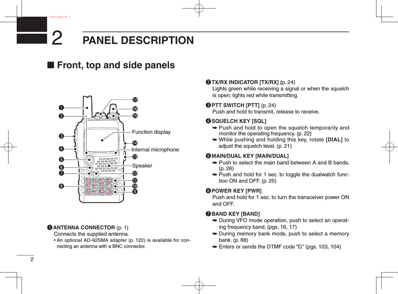 2NeNew2001PANEL DESCRIPTION2■ Front, top and side panelsq ANTENNA CONNECTOR (p. 1)Connects the supplied antenna.•  An optional AD-92SMA adapter (p. 122) is available for con-necting an antenna with a BNC connector.w TX/RX INDICATOR [TX/RX] (p. 24)Lights green while receiving a signal or when the squelch is open; lights red while transmitting.e PTT SWITCH [PTT] (p. 24)Push and hold to transmit, release to receive.r SQUELCH KEY [SQL]➥  Push and hold to open the squelch temporarily and monitor the operating frequency. (p. 22)➥  While pushing and holding this key, rotate [DIAL] to adjust the squelch level. (p. 21)t MAIN/DUAL KEY [MAIN/DUAL]➥  Push to select the main band between A and B bands. (p. 26)➥  Push and hold for 1 sec. to toggle the dualwatch func-tion ON and OFF. (p. 25)y POWER KEY [PWR]Push and hold for 1 sec. to turn the transceiver power ON and OFF. u BAND KEY [BAND]➥  During VFO mode operation, push to select an operat-ing frequency band. (pgs. 16, 17)➥  During memory bank mode, push to select a memory bank. (p. 68)➥ Enters or sends the DTMF code “D.” (pgs. 103, 104)MAINBANDRECMENUVFOMRCALL123456789 .0DUALSCOPESCANLOW MODE MHzS.MWRX  CSCQM.NAMESKIPDUPTONE TSDTMF.MT.SCANDSQCS CD#CBACLRA/aDPWRqSpeakeruFunction displayInternal microphoneiytrew!3!4!0o!1!2!5!6!7