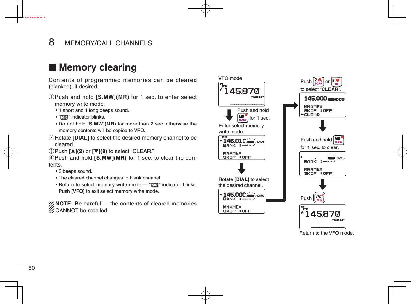Ne808MEMORY/CALL CHANNELSNew2001■ Memory clearingContents of programmed memories can be cleared (blanked), if desired.q  Push and hold [S.MW](MR) for 1 sec. to enter select memory write mode.• 1 short and 1 long beeps sound.• “μ    ” indicator blinks.•  Do not hold [S.MW](MR) for more than 2 sec. otherwise the memory contents will be copied to VFO.w  Rotate [DIAL] to select the desired memory channel to be cleared.e  Push [∫](2) or [√](8) to select “CLEAR.”r Push and hold [S.MW](MR) for 1 sec. to clear the con-tents.• 3 beeps sound.•  The cleared channel changes to blank channel•  Return to select memory write mode.— “μ   ” indicator blinks. Push [VFO] to exit select memory write mode.  NOTE: Be careful!— the contents of cleared memories CANNOT be recalled.146010010BANKBANK :----:----  MNAME:MNAME:SKIPSKIP :OFF:OFFFMrμ000145000000MNAME:MNAME:SKIPSKIP :OFF:OFFCLEARCLEARrμ005005AFMFM145870PSKIPPSKIP145000000BANKBANK :----:----  MNAME:MNAME:SKIPSKIP :OFF:OFFrμ005BANKBANK :----:----  MNAME:MNAME:SKIPSKIP :OFF:OFFrμ005005AFM145870PSKIPPSKIPVFO modeRotate [DIAL] to selectthe desired channel.Push and hold for 1 sec. to clear.Push          .Return to the VFO mode.Enter select memory write mode.Push and hold         for 1 sec.Pushto select  CLEAR .orMRS.MWBMRS.MWB2SCAN8TSVFOMHzA