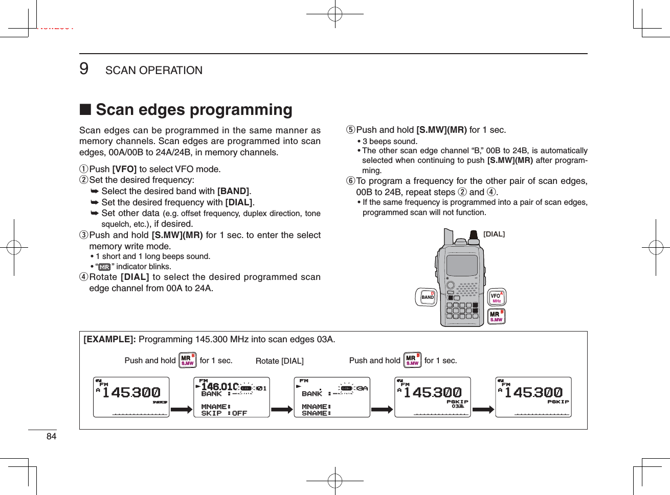 Ne849SCAN OPERATIONNew2001■ Scan edges programmingScan edges can be programmed in the same manner as memory channels. Scan edges are programmed into scan edges, 00A/00B to 24A/24B, in memory channels.q Push  [VFO] to select VFO mode.w Set the desired frequency:➥ Select the desired band with [BAND].➥ Set the desired frequency with [DIAL].➥  Set other data (e.g. offset frequency, duplex direction, tone squelch, etc.), if desired.e  Push and hold [S.MW](MR) for 1 sec. to enter the select memory write mode.• 1 short and 1 long beeps sound.• “μ    ” indicator blinks.r  Rotate [DIAL] to select the desired programmed scan edge channel from 00A to 24A.t Push and hold [S.MW](MR) for 1 sec.• 3 beeps sound.•  The other scan edge channel “B,” 00B to 24B, is automatically selected when continuing to push [S.MW](MR) after program-ming.y  To program a frequency for the other pair of scan edges, 00B to 24B, repeat steps w and r.•  If the same frequency is programmed into a pair of scan edges, programmed scan will not function.[EXAMPLE]: Programming 145.300 MHz into scan edges 03A.[DIAL]VFOMHzAMRS.MWBBANDDAFMFM145300PSKIPSKIPAFM145300PSKIPSKIP03A03AAFM145300PSKIPSKIP14146010010BANKBANK :----:----    MNAME:MNAME:SKIPSKIP :OFF:OFFFMrμ001BANKBANK :----:----  MNAME:MNAME:SNAME:SNAME:FMFMrμ03APush and hold          for 1 sec. Rotate [DIAL] Push and hold          for 1 sec.MRS.MWBMRS.MWB