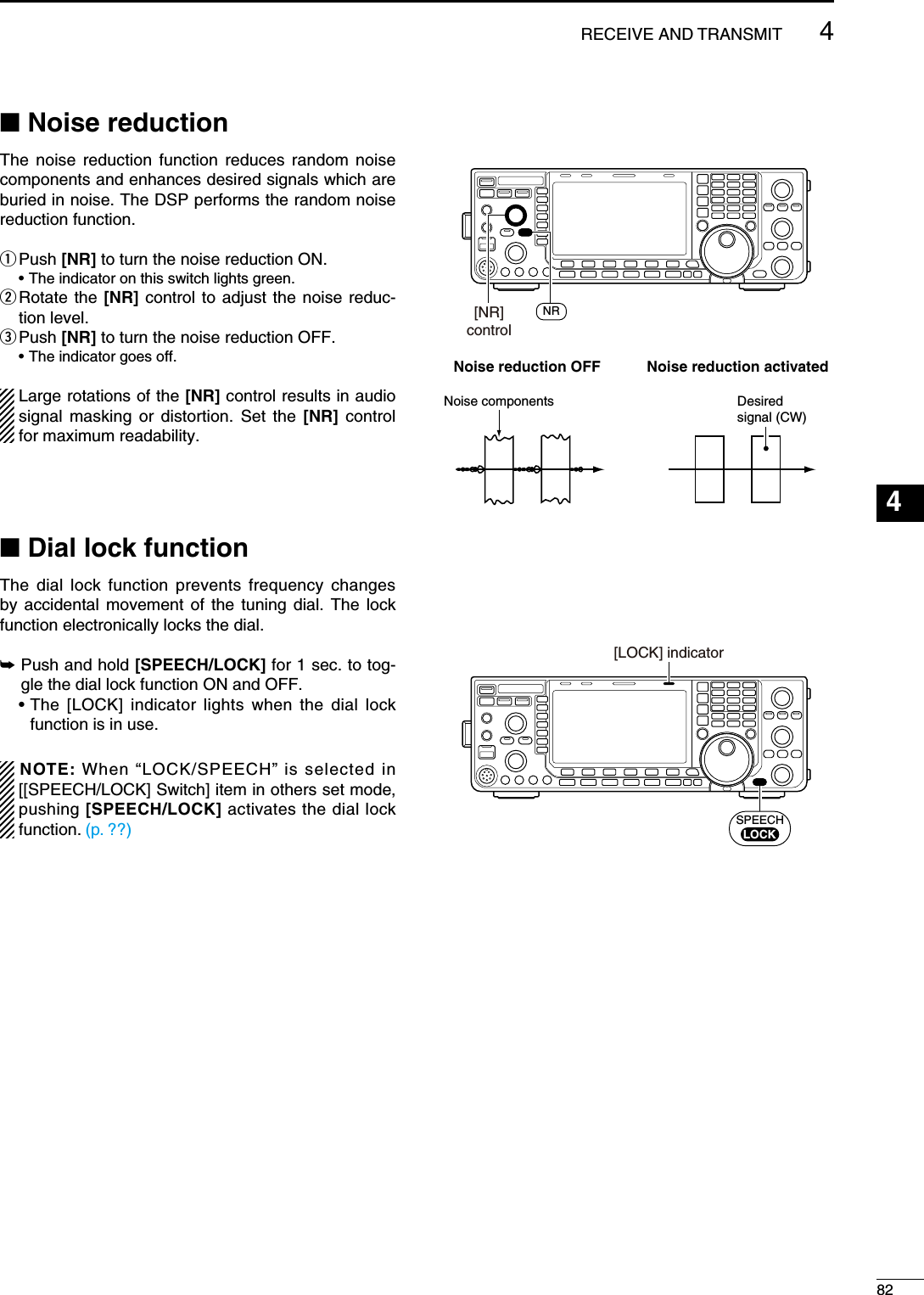 N Noise reductionThe noise reduction function reduces random noise components and enhances desired signals which are buried in noise. The DSP performs the random noise reduction function.q Push  [NR] to turn the noise reduction ON.  • The indicator on this switch lights green.w  Rotate the [NR] control to adjust the noise reduc-tion level.e  Push [NR] to turn the noise reduction OFF.  • The indicator goes off.Large rotations of the [NR] control results in audio signal masking or distortion. Set the [NR] control for maximum readability.N Dial lock function The dial lock function prevents frequency changes by accidental movement of the tuning dial. The lock function electronically locks the dial.±  Push and hold [SPEECH/LOCK] for 1 sec. to tog-gle the dial lock function ON and OFF. •  The [LOCK] indicator lights when the dial lock function is in use.NOTE: When “LOCK/SPEECH” is selected in [[SPEECH/LOCK] Switch] item in others set mode, pushing [SPEECH/LOCK] activates the dial lock function. (p. ??)[NR]controlNRNoise reduction OFF Noise reduction activatedDesired signal (CW)Noise components[LOCK] indicatorSPEECHLOCK824RECEIVE AND TRANSMIT123456789101112131415161718192021