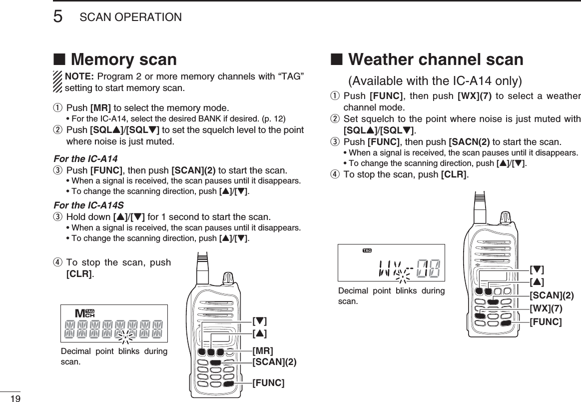  Weather channel scan  ■(Available with the IC-A14 only)q  Push  [FUNC], then push [WX](7) to select a weather channel mode.w  Set squelch to the point where noise is just muted with [SQLY]/[SQLZ].e Push [FUNC], then push [SACN(2) to start the scan.  • When a signal is received, the scan pauses until it disappears.  • To change the scanning direction, push [Y]/[Z].r To stop the scan, push [CLR].Memory scan ■NOTE: Program 2 or more memory channels with “TAG” setting to start memory scan.q Push [MR] to select the memory mode. • For the IC-A14, select the desired BANK if desired. (p. 12)w   Push [SQLY]/[SQLZ] to set the squelch level to the point where noise is just muted.For the IC-A14e Push [FUNC], then push [SCAN](2) to start the scan.  • When a signal is received, the scan pauses until it disappears.  • To change the scanning direction, push [Y]/[Z].For the IC-A14Se Hold down [Y]/[Z] for 1 second to start the scan.  • When a signal is received, the scan pauses until it disappears.  • To change the scanning direction, push [Y]/[Z].195SCAN OPERATIONDecimal point blinks during scan.[FUNC][SCAN](2)[WX](7)[Y][Z]Decimal point blinks during scan.[FUNC][MR][SCAN](2)[Y][Z]r  To stop the scan, push [CLR].