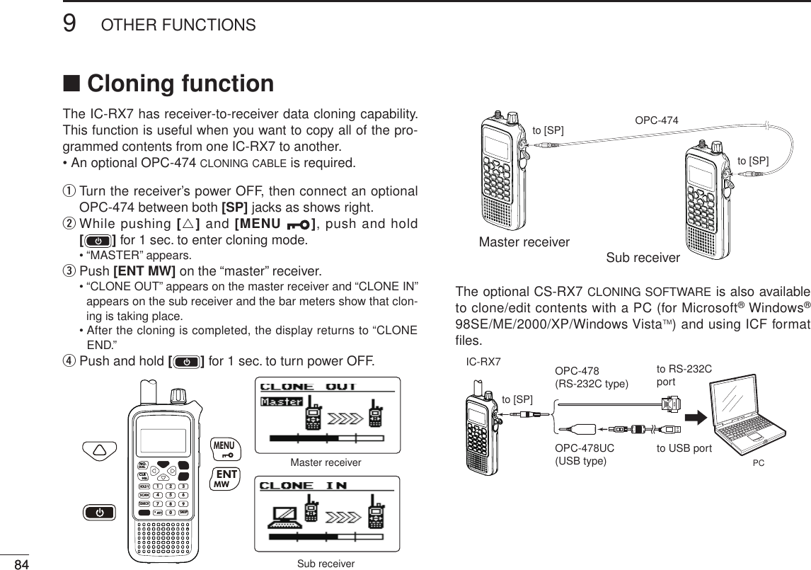 849OTHER FUNCTIONSNew200184■ Cloning functionThe IC-RX7 has receiver-to-receiver data cloning capability. This function is useful when you want to copy all of the pro-grammed contents from one IC-RX7 to another. •  An optional OPC-474 cloning cable is required.q  Turn the receiver’s power OFF, then connect an optional OPC-474 between both [SP] jacks as shows right.w  While pushing [r] and [MENU  ], push and hold [] for 1 sec. to enter cloning mode.  • “MASTER” appears.e Push [ENT MW] on the “master” receiver.  •  “CLONE OUT” appears on the master receiver and “CLONE IN” appears on the sub receiver and the bar meters show that clon-ing is taking place.  •  After the cloning is completed, the display returns to “CLONE END.”r Push and hold [ ] for 1 sec. to turn power OFF.MWMENUENTHOLD VSCAN.1472580369SKIPNO.CLRSQLDIALSEARCHATTMENUMaster receiverSub receiverMWENTThe optional CS-RX7 CLONING SOFTWARE is also available to clone/edit contents with a PC (for Microsoft® Windows® 98SE/ME/2000/XP/Windows VistaTM) and using ICF format ﬁles.to [SP] OPC-474to [SP]Master receiver Sub receiverto [SP]PCIC-RX7 OPC-478(RS-232C type)OPC-478UC(USB type) to USB portto RS-232Cport