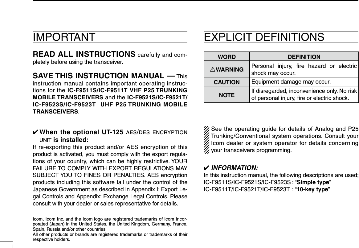 iIMPORTANTREAD ALL INSTRUCTIONS carefully and com-pletely before using the transceiver.SAVE THIS INSTRUCTION MANUAL — This instruction manual contains important operating instruc-tions for the IC-F9511S/IC-F9511T VHF P25 TRUNKING MOBILE TRANSCEIVERS and the IC-F9521S/IC-F9521T/IC-F9523S/IC-F9523T  UHF P25 TRUNKING MOBILE TRANSCEIVERS.✔  When the optional UT-125 aes/des encryption unit is installed:If re-exporting this product and/or AES encryption of this product is activated, you must comply with the export regula-tions of your country, which can be highly restrictive. YOUR FAILURE TO COMPLY WITH EXPORT REGULATIONS MAY SUBJECT YOU TO FINES OR PENALTIES. AES encryption products including this software fall under the control of the Japanese Government as described in Appendix I: Export Le-gal Controls and Appendix: Exchange Legal Controls. Please consult with your dealer or sales representative for details.EXPLICIT DEFINITIONSWORD DEFINITIONRWARNING Personal  injury,  ﬁre  hazard  or  electric shock may occur.CAUTION Equipment damage may occur.NOTEIf disregarded, inconvenience only. No risk of personal injury, ﬁre or electric shock.See the operating guide for details of Analog and P25 Trunking/Conventional system operations. Consult your Icom dealer or system operator for details concerning your transceivers programming.✔ INFORMATION:In this instruction manual, the following descriptions are used;IC-F9511S/IC-F9521S/IC-F9523S : “Simple type”IC-F9511T/IC-F9521T/IC-F9523T : “10-key type”Icom, Icom Inc. and the Icom logo are registered trademarks of Icom Incor-porated (Japan) in the United States, the United Kingdom, Germany, France, Spain, Russia and/or other countries.All other products or brands are registered trademarks or trademarks of their respective holders.