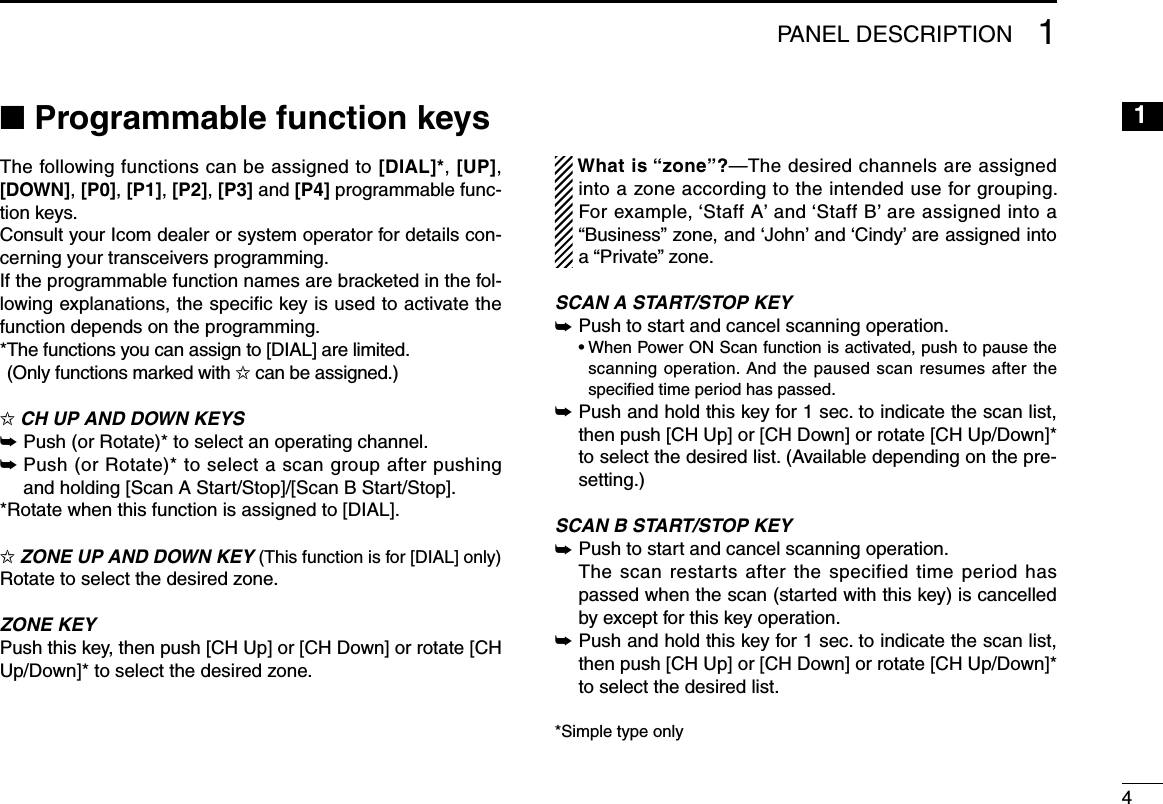 41PANEL DESCRIPTION12345678910111213141516n Programmable function keysThe following functions can be assigned to [DIAL]*, [UP], [DOWN], [P0], [P1], [P2], [P3] and [P4] programmable func-tion keys.Consult your Icom dealer or system operator for details con-cerning your transceivers programming.If the programmable function names are bracketed in the fol-lowing explanations, the speciﬁc key is used to activate the function depends on the programming.* The functions you can assign to [DIAL] are limited. (Only functions marked with ✩ can be assigned.)✩ CH UP AND DOWN KEYS ➥  Push (or Rotate)* to select an operating channel.➥  Push (or Rotate)* to select a scan group after pushing and holding [Scan A Start/Stop]/[Scan B Start/Stop].* Rotate when this function is assigned to [DIAL].✩ ZONE UP AND DOWN KEY (This function is for [DIAL] only)Rotate to select the desired zone.ZONE KEYPush this key, then push [CH Up] or [CH Down] or rotate [CH Up/Down]* to select the desired zone.What is “zone”?—The desired channels are assigned into a zone according to the intended use for grouping. For example, ‘Staff A’ and ‘Staff B’ are assigned into a “Business” zone, and ‘John’ and ‘Cindy’ are assigned into a “Private” zone.SCAN A START/STOP KEY➥ Push to start and cancel scanning operation.  •  When Power ON Scan function is activated, push to pause the scanning operation. And the paused scan resumes after the speciﬁed time period has passed.➥  Push and hold this key for 1 sec. to indicate the scan list, then push [CH Up] or [CH Down] or rotate [CH Up/Down]* to select the desired list. (Available depending on the pre-setting.)SCAN B START/STOP KEY➥ Push to start and cancel scanning operation.  The scan restarts after the  specified time period has passed when the scan (started with this key) is cancelled by except for this key operation.➥  Push and hold this key for 1 sec. to indicate the scan list, then push [CH Up] or [CH Down] or rotate [CH Up/Down]* to select the desired list.*Simple type only