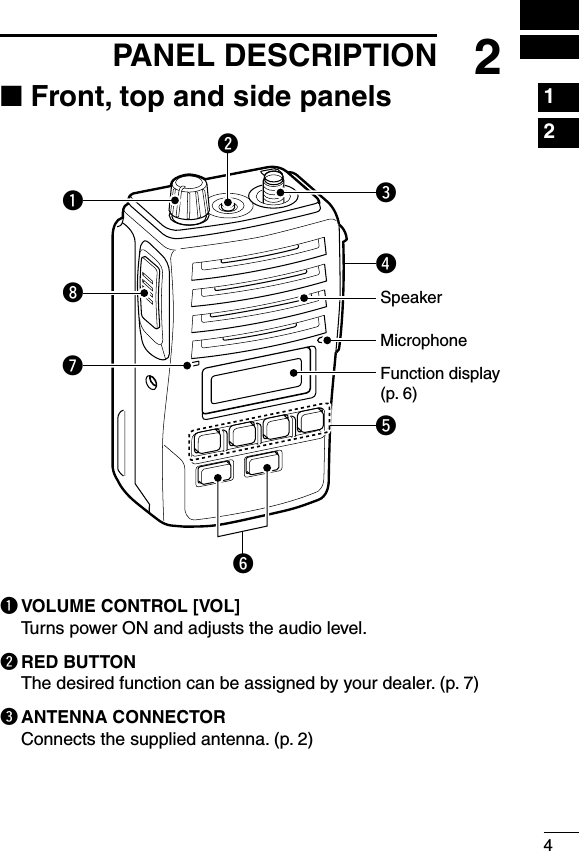 42PANEL DESCRIPTION1234567891011121314151617181920■ Front, top and side panelsq VOLUME CONTROL [VOL]  Turns power ON and adjusts the audio level.w RED BUTTON  The desired function can be assigned by your dealer. (p. 7)e ANTENNA CONNECTOR  Connects the supplied antenna. (p. 2)MicrophoneFunction display(p. 6)wertyuqiSpeaker