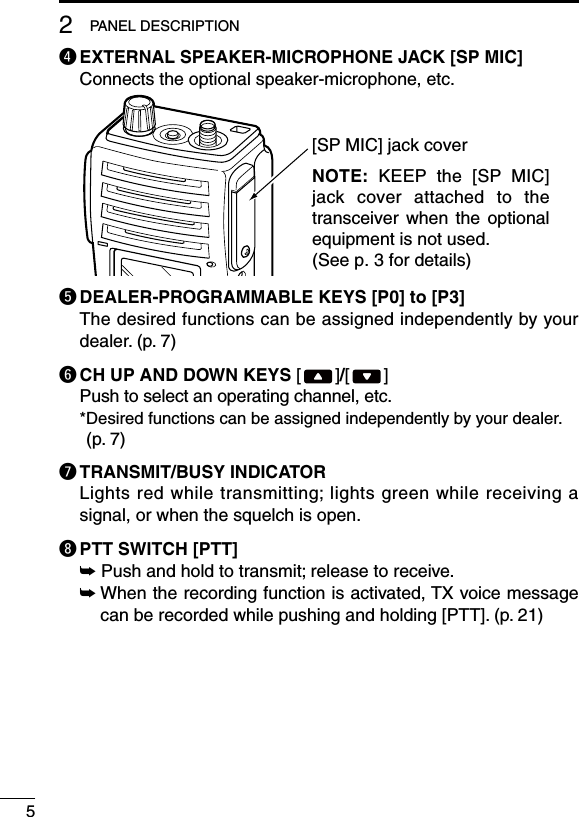 52PANEL DESCRIPTIONr EXTERNAL SPEAKER-MICROPHONE JACK [SP MIC]  Connects the optional speaker-microphone, etc.[SP MIC] jack coverNOTE:  KEEP  the  [SP  MIC] jack  cover  attached  to  the transceiver  when  the  optional equipment is not used. (See p. 3 for details)t DEALER-PROGRAMMABLE KEYS [P0] to [P3]   The desired functions can be assigned independently by your dealer. (p. 7)y CH UP AND DOWN KEYS [ ]/[ ]  Push to select an operating channel, etc.* Desired functions can be assigned independently by your dealer. (p. 7)u TRANSMIT/BUSY INDICATOR   Lights red while transmitting; lights green while receiving a signal, or when the squelch is open.i PTT SWITCH [PTT] ➥ Push and hold to transmit; release to receive. ➥  When the recording function is activated, TX voice message can be recorded while pushing and holding [PTT]. (p. 21)