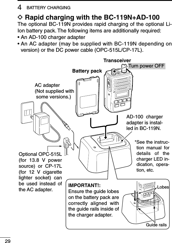 294BATTERY CHARGINGD Rapid charging with the BC-119N+AD-100The optional BC-119N provides rapid charging of the optional Li-Ion battery pack. The following items are additionally required:• An AD-100 charger adapter•  An AC adapter (may be supplied with BC-119N depending on version) or the DC power cable (OPC-515L/CP-17L).AC adapter(Not supplied with  some versions.)AD-100  charger adapter is instal-led in BC-119N.Optional OPC-515L (for  13.8  V  power source)  or  CP-17L (for  12  V  cigarette lighter  socket)  can be  used  instead  of the AC adapter.Battery packTurn power OFFTransceiver*See the instruc-tion  manual  for details  of  the charger LED in-dication,  opera-tion, etc.IMPORTANT!:Ensure the guide lobes on the battery pack are correctly  aligned  with the guide rails inside of the charger adapter.Guide railsLobes
