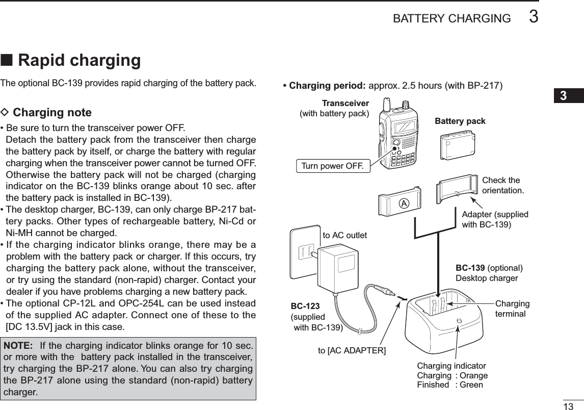 133BATTERY CHARGING3N Rapid chargingThe optional BC-139 provides rapid charging of the battery pack.DCharging note• Be sure to turn the transceiver power OFF.Detach the battery pack from the transceiver then charge the battery pack by itself, or charge the battery with regular charging when the transceiver power cannot be turned OFF. Otherwise the battery pack will not be charged (charging indicator on the BC-139 blinks orange about 10 sec. after the battery pack is installed in BC-139).• The desktop charger, BC-139, can only charge BP-217 bat-tery packs. Other types of rechargeable battery, Ni-Cd or Ni-MH cannot be charged.• If the charging indicator blinks orange, there may be a problem with the battery pack or charger. If this occurs, try charging the battery pack alone, without the transceiver, or try using the standard (non-rapid) charger. Contact your dealer if you have problems charging a new battery pack.• The optional CP-12L and OPC-254L can be used instead of the supplied AC adapter. Connect one of these to the [DC 13.5V] jack in this case.• Charging period: approx. 2.5 hours (with BP-217)ATransceiver(with battery pack)Turn power OFF.Check the orientation.Battery packto AC outletBC-139 (optional)Desktop chargerto [AC ADAPTER]Adapter (suppliedwith BC-139)Charging indicatorCharging : OrangeFinished : GreenChargingterminalBC-123(suppliedwith BC-139)NOTE:  If the charging indicator blinks orange for 10 sec. or more with the  battery pack installed in the transceiver, try charging the BP-217 alone. You can also try charging the BP-217 alone using the standard (non-rapid) battery charger.