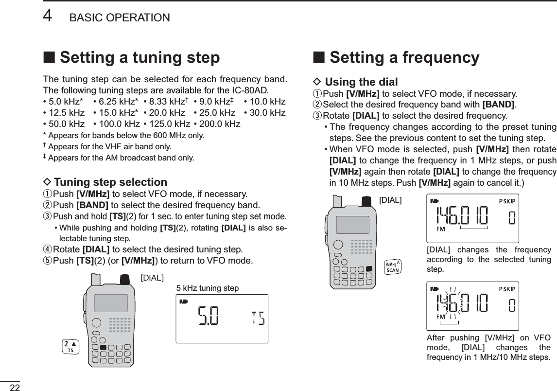 224BASIC OPERATIONN Setting a tuning stepThe tuning step can be selected for each frequency band. The following tuning steps are available for the IC-80AD.• 5.0 kHz* • 6.25 kHz* • 8.33 kHz†• 9.0 kHz‡• 10.0 kHz• 12.5 kHz • 15.0 kHz* • 20.0 kHz • 25.0 kHz • 30.0 kHz• 50.0 kHz • 100.0 kHz • 125.0 kHz • 200.0 kHz* Appears for bands below the 600 MHz only. † Appears for the VHF air band only.‡ Appears for the AM broadcast band only.D Tuning step selectionqPush [V/MHz] to select VFO mode, if necessary.wPush [BAND] to select the desired frequency band.ePush and hold [TS](2) for 1 sec. to enter tuning step set mode.• While pushing and holding [TS](2), rotating [DIAL] is also se-lectable tuning step.rRotate [DIAL] to select the desired tuning step.tPush [TS](2) (or [V/MHz]) to return to VFO mode.[DIAL]5 kHz tuning stepN Setting a frequencyD Using the dialqPush [V/MHz] to select VFO mode, if necessary.wSelect the desired frequency band with [BAND].eRotate [DIAL] to select the desired frequency.• The frequency changes according to the preset tuning steps. See the previous content to set the tuning step.• When VFO mode is selected, push [V/MHz] then rotate [DIAL] to change the frequency in 1 MHz steps, or push  [V/MHz] again then rotate [DIAL] to change the frequency in 10 MHz steps. Push [V/MHz] again to cancel it.)[DIAL][DIAL] changes the frequency according to the selected tuning step.After pushing [V/MHz] on VFO mode, [DIAL] changes the frequency in 1 MHz/10 MHz steps.