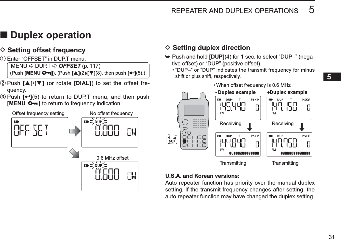 315REPEATER AND DUPLEX OPERATIONS12345678910111213141516171819N Duplex operationDSetting offset frequencyq  Enter “OFFSET” in DUP.T menu.MENU ¶ DUP.T ¶OFFSET (p. 117) (Push [MENU ]), (Push [](2)/[](8), then push [ ](5).)w  Push  []/[] (or rotate [DIAL]) to set the offset fre-quency.e  Push [](5) to return to DUP.T menu, and then push [MENU ] to return to frequency indication.0.6 MHz offsetNo offset frequencyOffset frequency settingDSetting duplex direction±Push and hold [DUP](4) for 1 sec. to select “DUP–” (nega-tive offset) or “DUP” (positive offset).• “DUP–” or “DUP” indicates the transmit frequency for minus shift or plus shift, respectively.• When offset frequency is 0.6 MHz–Duplex exampleReceivingTransmitting+Duplex exampleReceivingTransmittingU.S.A. and Korean versions:Auto repeater function has priority over the manual duplex setting. If the transmit frequency changes after setting, the auto repeater function may have changed the duplex setting.