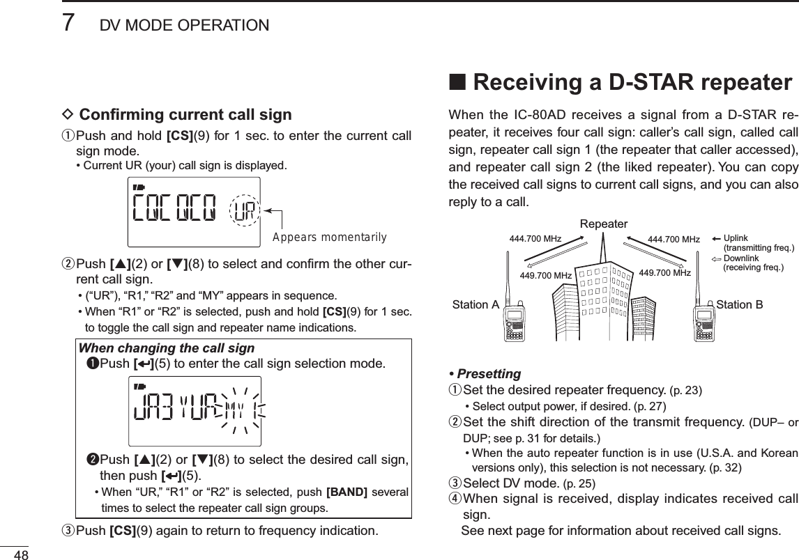 D Conﬁrming current call signq  Push and hold [CS](9) for 1 sec. to enter the current call sign mode.• Current UR (your) call sign is displayed.Appears momentarilyw  Push [](2) or [](8) to select and conﬁrm the other cur-rent call sign.• (“UR”), “R1,” “R2” and “MY” appears in sequence.• When “R1” or “R2” is selected, push and hold [CS](9) for 1 sec. to toggle the call sign and repeater name indications.When changing the call signq Push [ ](5) to enter the call sign selection mode.w  Push [](2) or [](8) to select the desired call sign, then push [](5).• When “UR,” “R1” or “R2” is selected, push [BAND] several times to select the repeater call sign groups.e  Push [CS](9) again to return to frequency indication.N Receiving a D-STAR repeaterWhen the IC-80AD receives a signal from a D-STAR re-peater, it receives four call sign: caller’s call sign, called call sign, repeater call sign 1 (the repeater that caller accessed), and repeater call sign 2 (the liked repeater). You can copy the received call signs to current call signs, and you can also reply to a call.Station A Station BRepeater449.700 MHz444.700 MHz 444.700 MHz449.700 MHzUplinkDownlink(transmitting freq.)(receiving freq.)• Presettingq  Set the desired repeater frequency. (p. 23)• Select output power, if desired. (p. 27)w  Set the shift direction of the transmit frequency. (DUP– or DUP; see p. 31 for details.)• When the auto repeater function is in use (U.S.A. and Korean versions only), this selection is not necessary. (p. 32)eSelect DV mode. (p. 25)r  When signal is received, display indicates received call sign. See next page for information about received call signs.487DV MODE OPERATION