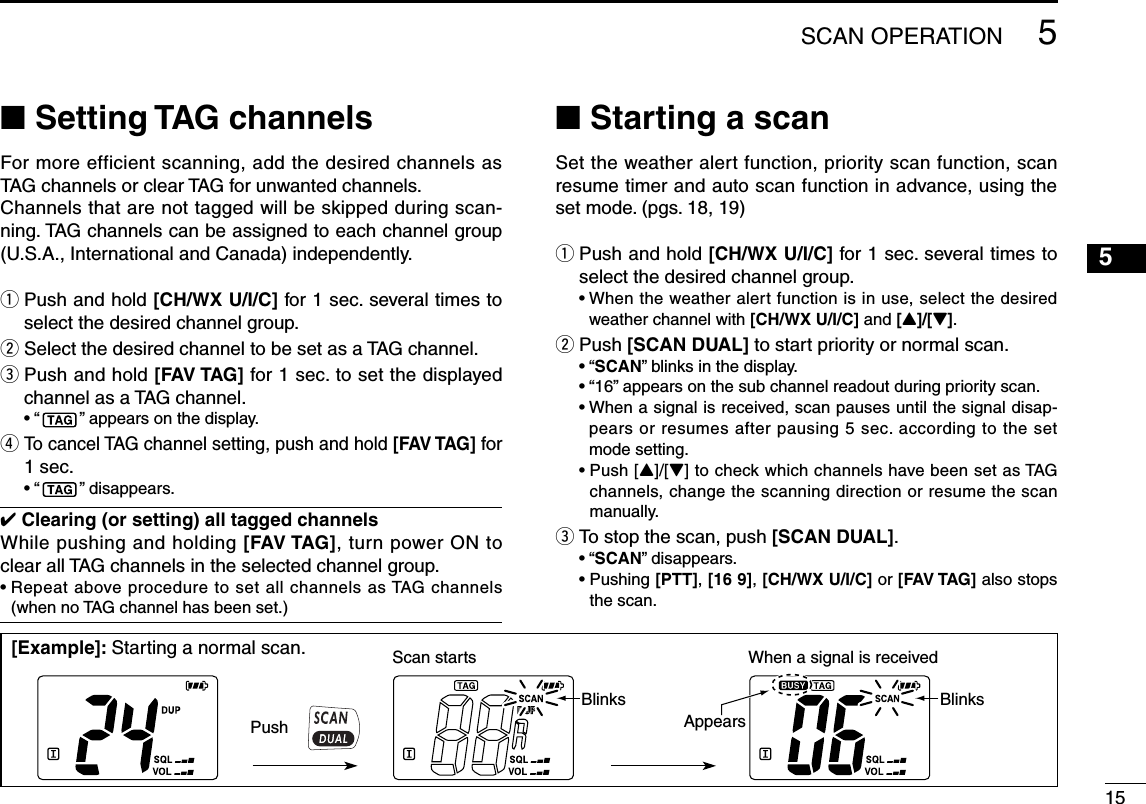 ■ Setting TAG channelsFor more efficient scanning, add the desired channels as TAG channels or clear TAG for unwanted channels.Channels that are not tagged will be skipped during scan-ning. TAG channels can be assigned to each channel group (U.S.A., International and Canada) independently.q  Push and hold [CH/WX U/I/C] for 1 sec. several times to select the desired channel group.w Select the desired channel to be set as a TAG channel.e  Push and hold [FAV TAG] for 1 sec. to set the displayed channel as a TAG channel.  • “ ” appears on the display.r  To cancel TAG channel setting, push and hold [FAV TAG] for 1 sec.  • “ ” disappears.✔ Clearing (or setting) all tagged channelsWhile pushing and holding [FAV TAG], turn power ON to clear all TAG channels in the selected channel group.•  Repeat above procedure to set all channels as TAG channels  (when no TAG channel has been set.)■ Starting a scanSet the weather alert function, priority scan function, scan resume timer and auto scan function in advance, using the set mode. (pgs. 18, 19)q  Push and hold [CH/WX U/I/C] for 1 sec. several times to select the desired channel group.  •  When the weather alert function is in use, select the desired weather channel with [CH/WX U/I/C] and [Y]/[Z].w Push [SCAN DUAL] to start priority or normal scan.  • “SCAN” blinks in the display.  • “16” appears on the sub channel readout during priority scan.  •  When a signal is received, scan pauses until the signal disap-pears or resumes after pausing 5 sec. according to the set mode setting.   •  Push [Y]/[Z] to check which channels have been set as TAG channels, change the scanning direction or resume the scan manually.e  To stop the scan, push [SCAN DUAL].  • “SCAN” disappears.  •  Pushing [PTT], [16 9], [CH/WX U/I/C] or [FAV TAG] also stops the scan.155SCAN OPERATION12345678910111213141516[Example]: Starting a normal scan.PushBlinks BlinksScan starts When a signal is receivedAppears