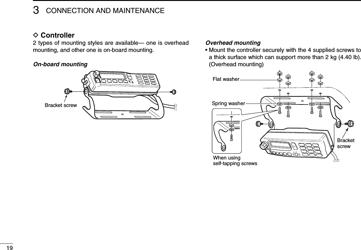 D Controller2 types of mounting styles are available— one is overhead mounting, and other one is on-board mounting.On-board mountingBracket screwOverhead mounting•  Mount the controller securely with the 4 supplied screws to a thick surface which can support more than 2 kg (4.40 lb). (Overhead mounting)When usingself-tapping screwsFlat washerSpring washerBracketscrew193CONNECTION AND MAINTENANCE