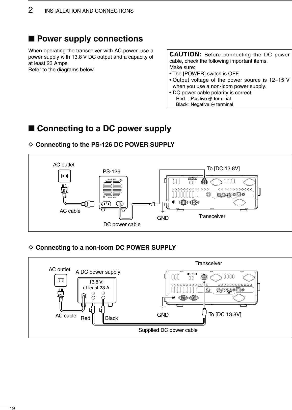 192INSTALLATION AND CONNECTIONSN0OWERSUPPLYCONNECTIONSWhen operating the transceiver with AC power, use a power supply with 13.8 V DC output and a capacity of at least 23 Amps.Refer to the diagrams below.#!54)/. Before connecting the DC power cable, check the following important items.Make sure:s4HE;0/7%2=SWITCHIS/&amp;&amp;s/UTPUTVOLTAGEOFTHEPOWERSOURCEISn6when you use a non-Icom power supply.s$#POWERCABLEPOLARITYISCORRECT Red : Positive + terminal Black : Negative _ terminalTransceiverGNDPS-126AC cableAC outlet To [DC 13.8V]+_Supplied DC power cableDC power cableD#ONNECTINGTOTHE03$#0/7%23500,9D#ONNECTINGTOANON)COM$#0/7%23500,9AC cableAC outletTransceiverGNDA DC power supply13.8 V;at least 23 ARed Black To [DC 13.8V]N#ONNECTINGTOA$#POWERSUPPLY