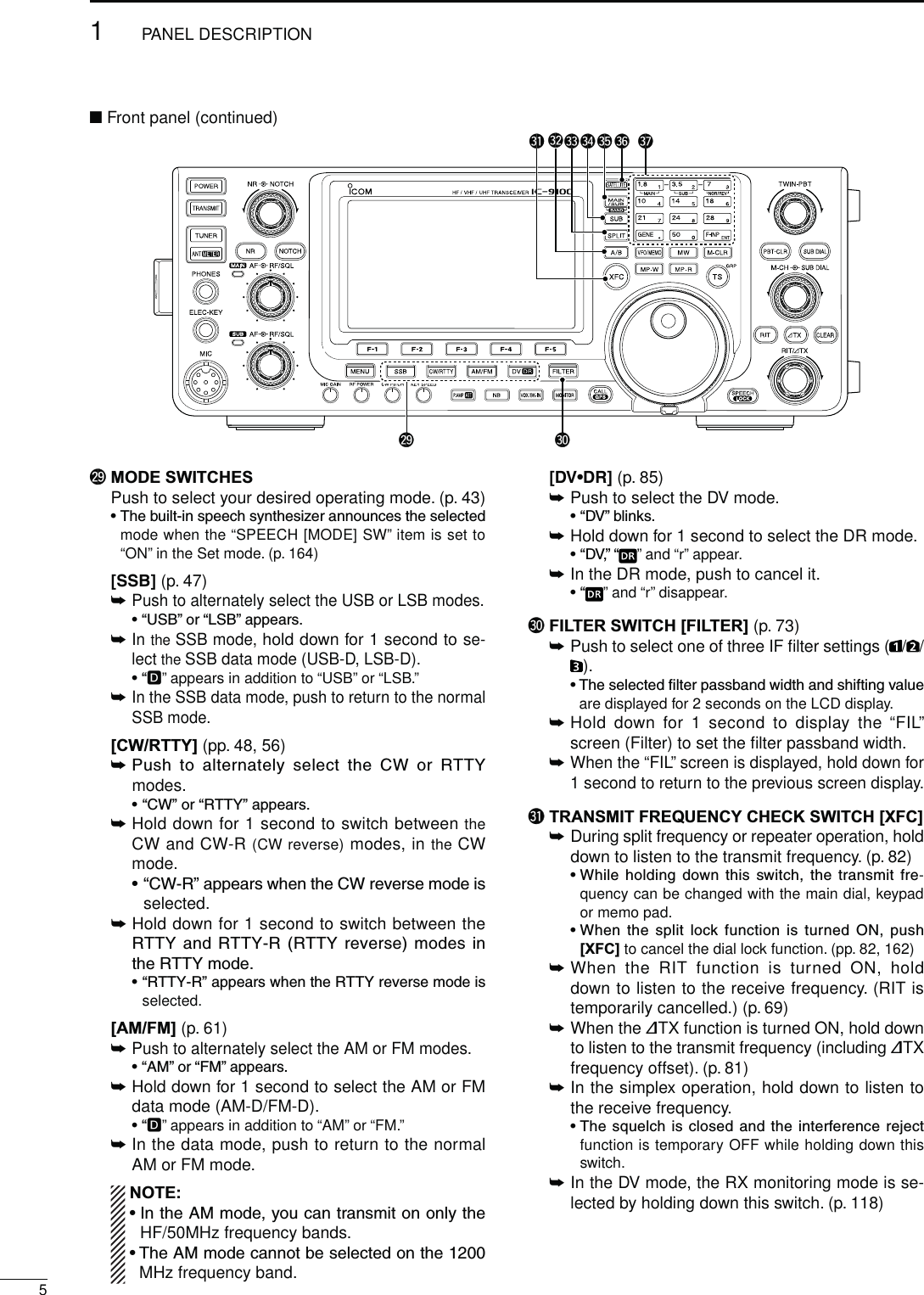 @9 MODE SWITCHESPush to select your desired operating mode. (p. 43)s4HEBUILTINSPEECHSYNTHESIZERANNOUNCESTHESELECTEDmode when the “SPEECH [MODE] SW” item is set to “ON” in the Set mode. (p. 164) ;33&quot;= (p. 47)±Push to alternately select the USB or LSB modes.  sh53&quot;vORh,3&quot;vAPPEARS±In the SSB mode, hold down for 1 second to se-lect the SSB data mode (USB-D, LSB-D).shD” appears in addition to “USB” or “LSB.”±In the SSB data mode, push to return to the normal SSB mode.[CW/RTTY] (pp. 48, 56)±0USH TO ALTERNATELY SELECT THE #7 OR 2449modes.  sh#7vORh2449vAPPEARS±  Hold down for 1 second to switch between the CW and CW-R (CW reverse) modes, in the CW mode.sh#72vAPPEARSWHENTHE#7REVERSEMODEISselected.±  Hold down for 1 second to switch between the 2449AND244922449REVERSEMODESINTHE2449MODEsh24492vAPPEARSWHENTHE2449REVERSEMODEISselected.[AM/FM] (p. 61)±Push to alternately select the AM or FM modes.  sh!-vORh&amp;-vAPPEARS±  Hold down for 1 second to select the AM or FM data mode (AM-D/FM-D).shD” appears in addition to “AM” or “FM.”±  In the data mode, push to return to the normal AM or FM mode.NOTE:s)NTHE!-MODEYOUCANTRANSMITONONLYTHEHF/50MHz frequency bands.s4HE!-MODECANNOTBESELECTEDONTHEMHz frequency band. ;$6s$2= (p. 85)±Push to select the DV mode.  sh$6vBLINKS±Hold down for 1 second to select the DR mode.sh$6vh” and “r” appear.±In the DR mode, push to cancel it.sh” and “r” disappear.#0 FILTER SWITCH [FILTER] (p. 73)±  Push to select one of three IF ﬁlter settings ( / /).s4HESELECTEDlLTERPASSBANDWIDTHANDSHIFTINGVALUEare displayed for 2 seconds on the LCD display.±  Hold down for 1 second to display the “FIL” screen (Filter) to set the ﬁlter passband width.±When the “FIL” screen is displayed, hold down for 1 second to return to the previous screen display.#1TRANSMIT FREQUENCY CHECK SWITCH [XFC]±  During split frequency or repeater operation, hold down to listen to the transmit frequency. (p. 82)s7HILE HOLDINGDOWNTHIS SWITCHTHE TRANSMITFRE-quency can be changed with the main dial, keypad or memo pad.s7HEN THE SPLIT LOCK FUNCTION IS TURNED /. PUSH[XFC] to cancel the dial lock function. (pp. 82, 162)±  When the RIT function is turned ON, hold down to listen to the receive frequency. (RIT is temporarily cancelled.) (p. 69)±  When the ∂TX function is turned ON, hold down to listen to the transmit frequency (including ∂TX frequency offset). (p. 81)±  In the simplex operation, hold down to listen to the receive frequency.s4HESQUELCHISCLOSEDANDTHEINTERFERENCEREJECTfunction is temporary OFF while holding down this switch.±  In the DV mode, the RX monitoring mode is se-lected by holding down this switch. (p. 118)N Front panel (continued)51PANEL DESCRIPTION@9 #0#2#3#4#5 #6 #7#1