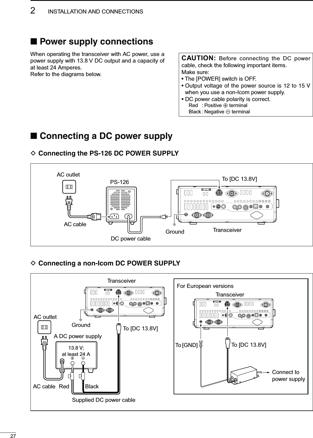 N0OWERSUPPLYCONNECTIONSWhen operating the transceiver with AC power, use a power supply with 13.8 V DC output and a capacity of at least 24 Amperes.Refer to the diagrams below.CAUTION: Before connecting the DC power cable, check the following important items.Make sure:s4HE;0/7%2=SWITCHIS/&amp;&amp;s/UTPUTVOLTAGEOFTHEPOWERSOURCEISTO6when you use a non-Icom power supply.s$#POWERCABLEPOLARITYISCORRECTRed : Positive + terminalBlack : Negative _ terminal272INSTALLATION AND CONNECTIONSTransceiverGroundPS-126AC cableAC outlet To [DC 13.8V]+_DC power cableD#ONNECTINGTHE03$#0/7%23500,9D#ONNECTINGANON)COM$#0/7%23500,9N#ONNECTINGA$#POWERSUPPLYSupplied DC power cableAC cableAC outletTransceiverTo [GND]A DC power supply6at least 24 ARed BlackTo [DC 13.8V]To [DC 13.8V]For European versionsTransceiverGroundConnect topower supply