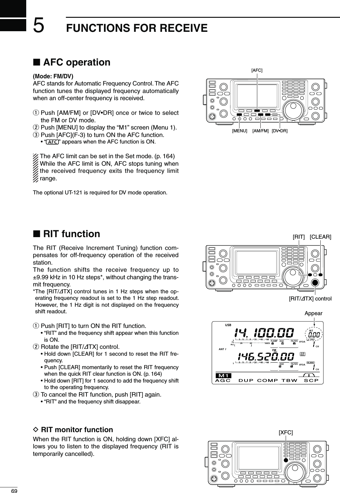 569FUNCTIONS FOR RECEIVEN!&amp;#OPERATION(Mode: FM/DVAFC stands for Automatic Frequency Control. The AFC function tunes the displayed frequency automatically when an off-center frequency is received.q  Push [AM/FM] or ;$6s$2= once or twice to select the FM or DV mode.w  Push [MENU] to display the “M1” screen (Menu 1).e  Push [AFC](F-3) to turn ON the AFC function.sh” appears when the AFC function is ON.The AFC limit can be set in the Set mode. (p. 164)While the AFC limit is ON, AFC stops tuning when the received frequency exits the frequency limit range.The optional UT-121 is required for DV mode operation.[AFC][AM/FM] [D[MENU]N2)4FUNCTIONThe RIT (Receive Increment Tuning) function com-pensates for off-frequency operation of the received station.The function shifts the receive frequency up to ±9.99 kHz in 10 Hz steps*, without changing the trans-mit frequency.* The [RIT/∂TX] control tunes in 1 Hz steps when the op-erating frequency readout is set to the 1 Hz step readout. However, the 1 Hz digit is not displayed on the frequency shift readout.q Push [RIT] to turn ON the RIT function.sh2)4vANDTHEFREQUENCYSHIFTAPPEARWHENTHISFUNCTIONis ON.w Rotate the [RIT/∂TX] control. s(OLDDOWN;#,%!2=FORSECONDTORESETTHE2)4FRE-quency. s0USH;#,%!2=MOMENTARILYTORESETTHE2)4FREQUENCYwhen the quick RIT clear function is ON. (p. 164) s(OLDDOWN;2)4=FORSECONDTOADDTHEFREQUENCYSHIFTto the operating frequency.e To cancel the RIT function, push [RIT] again. sh2)4vANDTHEFREQUENCYSHIFTDISAPPEARD2)4MONITORFUNCTIONWhen the RIT function is ON, holding down [XFC] al-lows you to listen to the displayed frequency (RIT is temporarily cancelled).[RIT] [CLEAR][RIT/∂TX] controlDUPAGC COMP TBW SCPM1Appear[XFC]