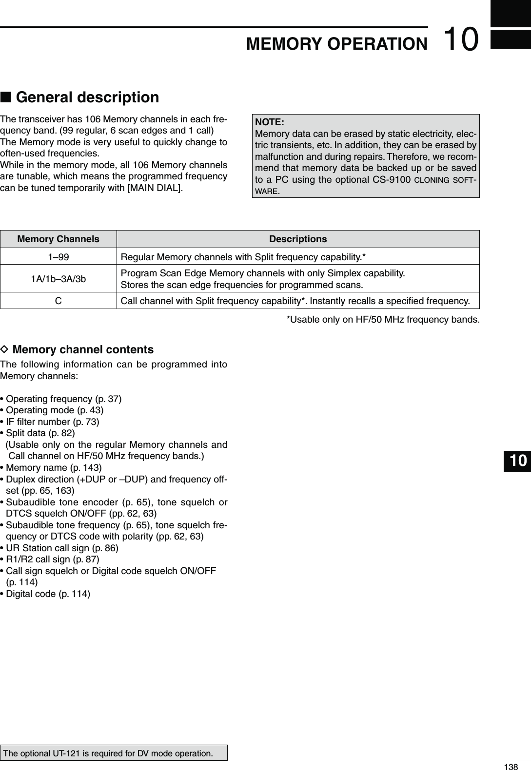 10138MEMORY OPERATION10N&apos;ENERALDESCRIPTIONThe transceiver has 106 Memory channels in each fre-quency band. (99 regular, 6 scan edges and 1 call)The Memory mode is very useful to quickly change to often-used frequencies.While in the memory mode, all 106 Memory channels are tunable, which means the programmed frequency can be tuned temporarily with [MAIN DIAL].NOTE:Memory data can be erased by static electricity, elec-tric transients, etc. In addition, they can be erased by malfunction and during repairs. Therefore, we recom-mend that memory data be backed up or be saved to a PC using the optional CS-9100 CLONING SOFT-WARE.-EMORY#HANNELS $ESCRIPTIONS1–99 Regular Memory channels with Split frequency capability.*1A/1b–3A/3b Program Scan Edge Memory channels with only Simplex capability.Stores the scan edge frequencies for programmed scans.C Call channel with Split frequency capability*. Instantly recalls a speciﬁed frequency.*Usable only on HF/50 MHz frequency bands.D-EMORYCHANNELCONTENTSThe following information can be programmed into Memory channels:s/PERATINGFREQUENCYPs/PERATINGMODEPs)&amp;lLTERNUMBERPs3PLITDATAP ( Usable only on the regular Memory channels and Call channel on HF/50 MHz frequency bands.)s-EMORYNAMEPs$UPLEXDIRECTION$50ORn$50ANDFREQUENCYOFF-set (pp. 65, 163)s3UBAUDIBLETONEENCODERPTONESQUELCHORDTCS squelch ON/OFF (pp. 62, 63)s3UBAUDIBLETONEFREQUENCYPTONESQUELCHFRE-quency or DTCS code with polarity (pp. 62, 63)s523TATIONCALLSIGNP s22CALLSIGNPs#ALLSIGNSQUELCHOR$IGITALCODESQUELCH/./&amp;&amp;(p. 114) s$IGITALCODEPThe optional UT-121 is required for DV mode operation.