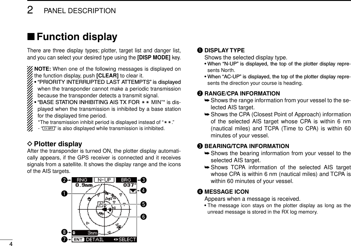 42PANEL DESCRIPTIONNew2001■ Function displayThere are three display types; plotter, target list and danger list, and you can select your desired type using the [DISP MODE] key.NOTE: When one of the following messages is displayed on the function display, push [CLEAR] to clear it.•“PRIORITYINTERRUPTEDLASTATTEMPTS”isdisplayedwhen the transponder cannot make a periodic transmission because the transponder detects a transmit signal.•“BASESTATIONINHIBITINGAISTXFORMM MIN”* is dis-played when the transmission is inhibited by a base station for the displayed time period.  *The transmission inhibit period is displayed instead of “MM.”  - “ ” is also displayed while transmission is inhibited.D Plotter displayAfter the transponder is turned ON, the plotter display automati-cally appears, if the GPS receiver is connected and it receives signals from a satellite. It shows the display range and the icons of the AIS targets.rytqewuiq DISPLAY TYPE  Shows the selected display type. •When“N-UP” is displayed,thetop oftheplotterdisplayrepre-sents North. •When“AC-UP”isdisplayed,thetopoftheplotterdisplayrepre-sents the direction your course is heading.w RANGE/CPA INFORMATION ➥  Shows the range information from your vessel to the se-lected AIS target. ➥  Shows the CPA (Closest Point of Approach) information of the  selected  AIS target  whose  CPA  is  within 6  nm (nautical miles) and TCPA (Time  to CPA) is within  60 minutes of your vessel.e BEARING/TCPA INFORMATION ➥  Shows the bearing information from your vessel to the selected AIS target. ➥  Shows  TCPA  information  of  the  selected  AIS  target whose CPA is within 6 nm (nautical miles) and TCPA is within 60 minutes of your vessel.r MESSAGE ICON  Appears when a message is received. •The message icon stays on the plotter display as long as the unread message is stored in the RX log memory.