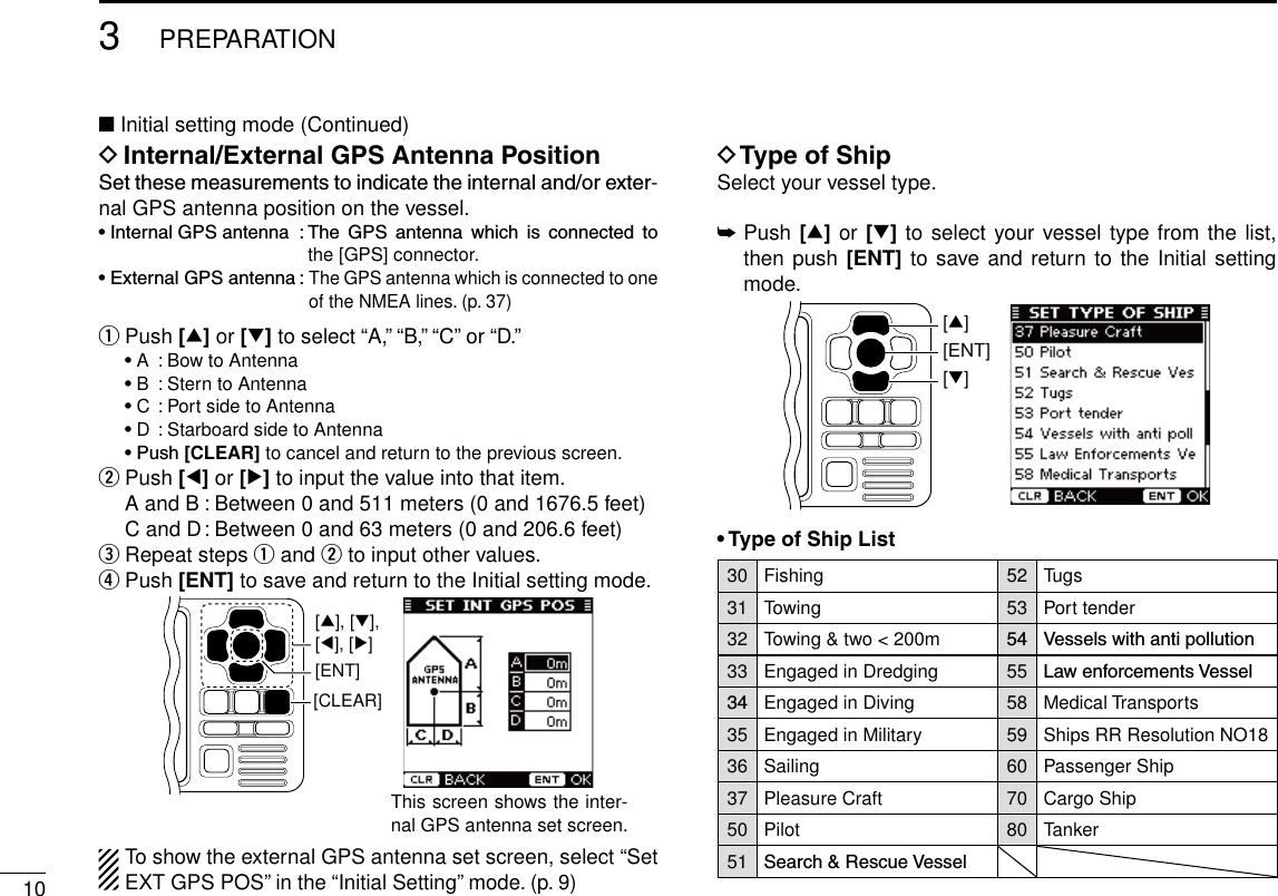 103PREPARATIONNew2001■ Initial setting mode (Continued)D Internal/External GPS Antenna PositionSetthesemeasurementstoindicatetheinternaland/orexter-nal GPS antenna position on the vessel.•InternalGPSantenna :The GPS antenna which is connected tothe [GPS] connector.•ExternalGPSantenna:The GPS antenna which is connected to one of the NMEA lines. (p. 37)q  Push [∫] or [√] to select “A,” “B,” “C” or “D.” •A  : Bow to Antenna •B  : Stern to Antenna •C : Port side to Antenna •D : Starboard side to Antenna •Push[CLEAR] to cancel and return to the previous screen.w  Push [Ω] or [≈] to input the value into that item.  A and B : Between 0 and 511 meters (0 and 1676.5 feet)  C and D : Between 0 and 63 meters (0 and 206.6 feet)e  Repeat steps q and w to input other values.r  Push [ENT] to save and return to the Initial setting mode.[CLEAR][ENT][∫], [√],[Ω], [≈]To show the external GPS antenna set screen, select “Set EXT GPS POS” in the “Initial Setting” mode. (p. 9)D Type of ShipSelect your vessel type.➥   P ush [∫] or [√] to select your vessel type from the list, then push [ENT] to save and return to the Initial setting mode.[ENT][∫][√]• Type of Ship List30 Fishing 52 Tugs31 Towing 53 Port tender32 Towing &amp; two &lt; 200m 54 Vesselswithantipollution33 Engaged in Dredging 55 LawenforcementsVessel34 Engaged in Diving 58 Medical Transports35 Engaged in Military 59 Ships RR Resolution NO1836 Sailing 60 Passenger Ship37 Pleasure Craft 70 Cargo Ship50 Pilot 80 Tanker51 Search&amp;RescueVesselThis screen shows the inter-nal GPS antenna set screen.