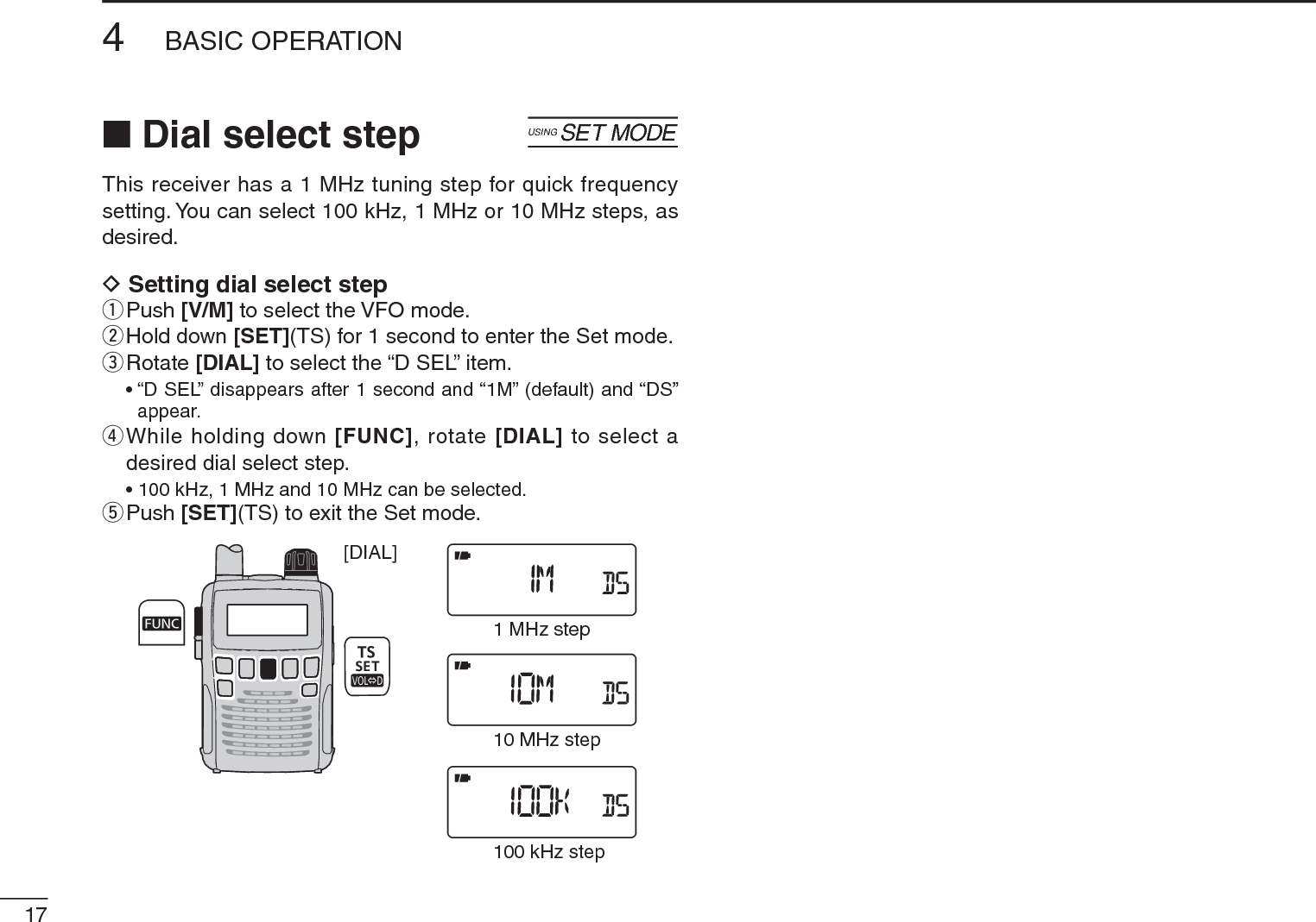 174BASIC OPERATIONN Dial select step [This receiver has a 1 MHz tuning step for quick frequency setting. You can select 100 kHz, 1 MHz or 10 MHz steps, as desired.D Setting dial select stepqPush [V/M] to select the VFO mode.wHold down [SET](TS) for 1 second to enter the Set mode.eRotate [DIAL] to select the “D SEL” item.• “D SEL” disappears after 1 second and “1M” (default) and “DS” appear.r  While holding down [FUNC], rotate [DIAL] to select a desired dial select step.• 100 kHz, 1 MHz and 10 MHz can be selected.tPush [SET](TS) to exit the Set mode.[DIAL]1 MHz step10 MHz step100 kHz step