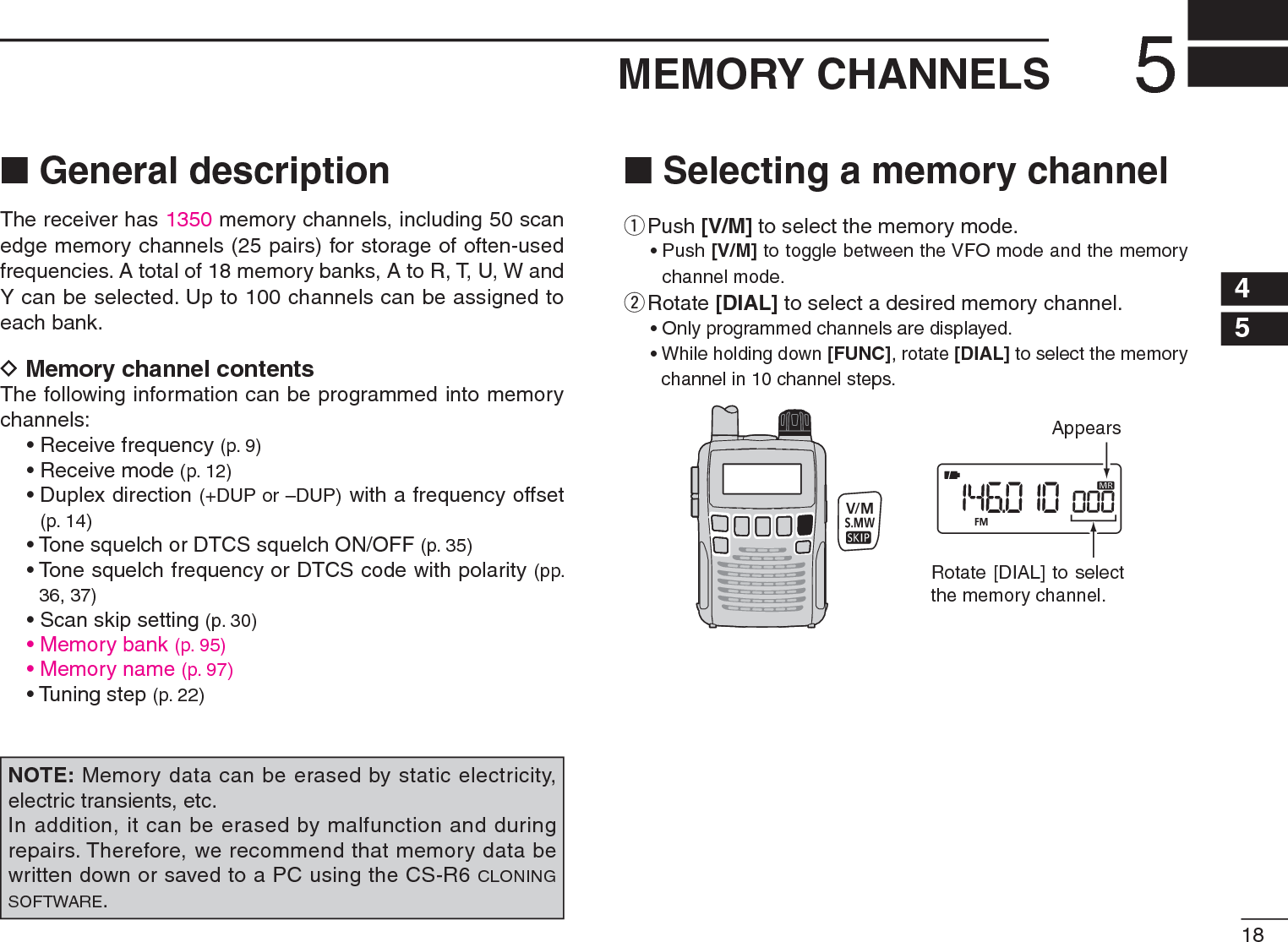 185MEMORY CHANNELS45N General descriptionThe receiver has 1350 memory channels, including 50 scan edge memory channels (25 pairs) for storage of often-used frequencies. A total of 18 memory banks, A to R, T, U, W and Y can be selected. Up to 100 channels can be assigned to each bank.D Memory channel contentsThe following information can be programmed into memory channels:• Receive frequency (p. 9)• Receive mode (p. 12)• Duplex direction (+DUP or –DUP) with a frequency offset (p. 14)• Tone squelch or DTCS squelch ON/OFF (p. 35)• Tone squelch frequency or DTCS code with polarity (pp. 36, 37)• Scan skip setting (p. 30)• Memory bank (p. 95)• Memory name (p. 97)• Tuning step (p. 22)N Selecting a memory channelq  Push [V/M] to select the memory mode.• Push [V/M] to toggle between the VFO mode and the memory channel mode.w  Rotate [DIAL] to select a desired memory channel.• Only programmed channels are displayed.• While holding down [FUNC], rotate [DIAL] to select the memory channel in 10 channel steps.AppearsRotate [DIAL] to selectthe memory channel.NOTE: Memory data can be erased by static electricity, electric transients, etc.In addition, it can be erased by malfunction and during repairs. Therefore, we recommend that memory data be written down or saved to a PC using the CS-R6 CLONINGSOFTWARE.