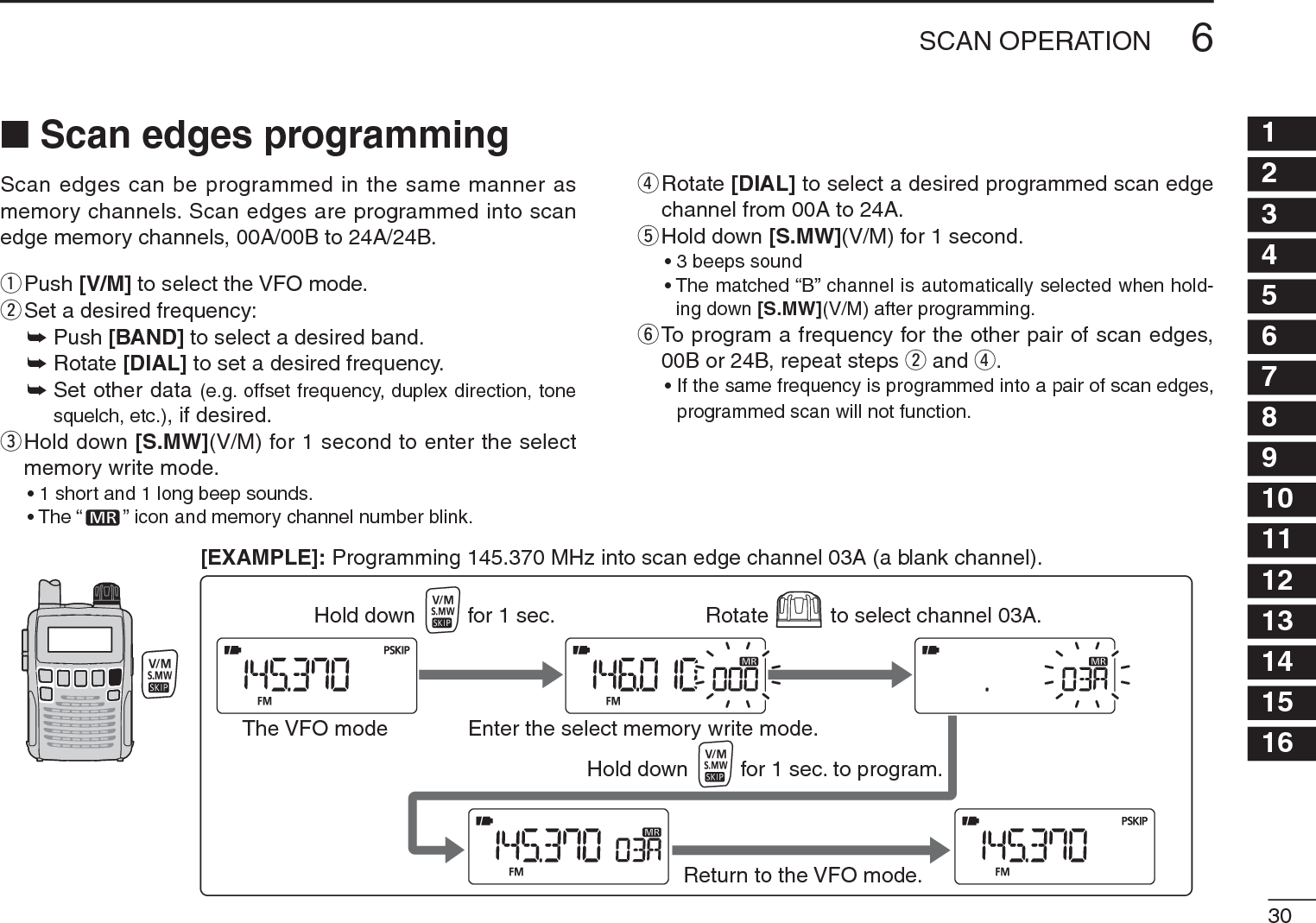 306SCAN OPERATION12345678910111213141516N Scan edges programmingScan edges can be programmed in the same manner as memory channels. Scan edges are programmed into scan edge memory channels, 00A/00B to 24A/24B.qPush [V/M] to select the VFO mode.wSet a desired frequency:± Push [BAND] to select a desired band.± Rotate [DIAL] to set a desired frequency.±Set other data (e.g. offset frequency, duplex direction, tone squelch, etc.), if desired.e  Hold down [S.MW](V/M) for 1 second to enter the select memory write mode.• 1 short and 1 long beep sounds.• The “ ” icon and memory channel number blink.r  Rotate [DIAL] to select a desired programmed scan edge channel from 00A to 24A.tHold down [S.MW](V/M) for 1 second.• 3 beeps sound• The matched “B” channel is automatically selected when hold-ing down [S.MW](V/M) after programming.y  To program a frequency for the other pair of scan edges, 00B or 24B, repeat steps w and r.• If the same frequency is programmed into a pair of scan edges, programmed scan will not function.RotateHold down for 1 sec. to select channel 03A.Hold down for 1 sec. to program.The VFO mode Enter the select memory write mode.Return to the VFO mode.[EXAMPLE]: Programming 145.370 MHz into scan edge channel 03A (a blank channel).