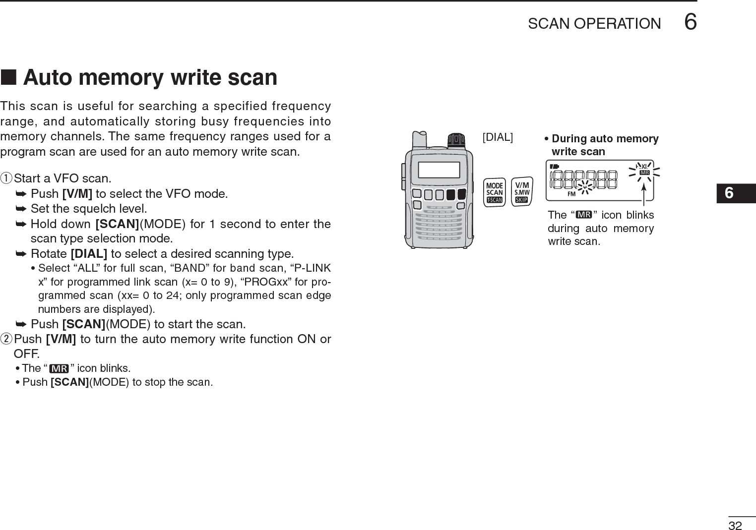 326SCAN OPERATION6N Auto memory write scanThis scan is useful for searching a specified frequency range, and automatically storing busy frequencies into memory channels. The same frequency ranges used for a program scan are used for an auto memory write scan.qStart a VFO scan.± Push [V/M] to select the VFO mode.± Set the squelch level.±Hold down [SCAN](MODE) for 1 second to enter the scan type selection mode.± Rotate [DIAL] to select a desired scanning type.• Select “ALL” for full scan, “BAND” for band scan, “P-LINK x” for programmed link scan (x= 0 to 9), “PROGxx” for pro-grammed scan (xx= 0 to 24; only programmed scan edge numbers are displayed).± Push [SCAN](MODE) to start the scan.w  Push [V/M] to turn the auto memory write function ON or OFF.• The “ ” icon blinks.• Push [SCAN](MODE) to stop the scan.[DIAL] • During auto memory write scanThe “    ” icon blinksduring auto memorywrite scan.