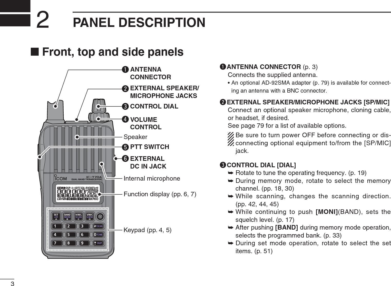 3PANEL DESCRIPTION2N Front, top and side panelsSpeakerANTENNACONNECTOREXTERNALDC IN JACKVOLUMECONTROLCONTROL DIALEXTERNAL SPEAKER/MICROPHONE JACKSKeypad (pp. 4, 5)Internal microphoneFunction display (pp. 6, 7)PTT SWITCHerywqtqANTENNA CONNECTOR (p. 3)Connects the supplied antenna.• An optional AD-92SMA adapter (p. 79) is available for connect-ing an antenna with a BNC connector.wEXTERNAL SPEAKER/MICROPHONE JACKS [SP/MIC]Connect an optional speaker microphone, cloning cable, or headset, if desired.See page 79 for a list of available options.Be sure to turn power OFF before connecting or dis-connecting optional equipment to/from the [SP/MIC] jack.eCONTROL DIAL [DIAL]± Rotate to tune the operating frequency. (p. 19)±During memory mode, rotate to select the memory channel. (pp. 18, 30)±While scanning, changes the scanning direction. (pp. 42, 44, 45)±While continuing to push [MONI](BAND), sets the squelch level. (p. 17)±After pushing [BAND] during memory mode operation, selects the programmed bank. (p. 33)±During set mode operation, rotate to select the set items. (p. 51)