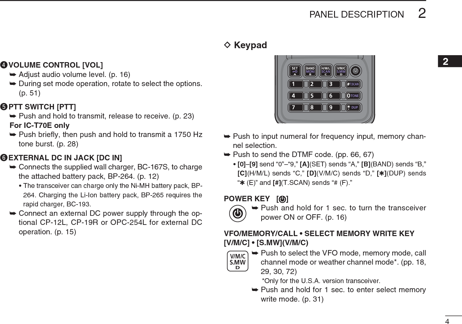 42PANEL DESCRIPTION12345678910111213141516171819rVOLUME CONTROL [VOL]±Adjust audio volume level. (p. 16)±During set mode operation, rotate to select the options. (p. 51)tPTT SWITCH [PTT]±Push and hold to transmit, release to receive. (p. 23)For IC-T70E only±Push brieﬂy, then push and hold to transmit a 1750 Hz tone burst. (p. 28)yEXTERNAL DC IN JACK [DC IN]±Connects the supplied wall charger, BC-167S, to charge the attached battery pack, BP-264. (p. 12)• The transceiver can charge only the Ni-MH battery pack, BP-264. Charging the Li-Ion battery pack, BP-265 requires the rapid charger, BC-193.±Connect an external DC power supply through the op-tional CP-12L, CP-19R or OPC-254L for external DC operation. (p. 15)D Keypad±Push to input numeral for frequency input, memory chan-nel selection.±Push to send the DTMF code. (pp. 66, 67) • [0]–[9] send “0”–“9,” [A](SET) sends “A,” [B](BAND) sends “B,” [C](H/M/L) sends “C,” [D](V/M/C) sends “D,” [1](DUP) sends “1(E)” and [#](T.SCAN) sends “# (F).”POWER KEY [ ]±Push and hold for 1 sec. to turn the transceiver power ON or OFF. (p. 16)VFO/MEMORY/CALL • SELECT MEMORY WRITE KEY[V/M/C] • [S.MW](V/M/C)±Push to select the VFO mode, memory mode, call channel mode or weather channel mode*. (pp. 18, 29, 30, 72) *Only for the U.S.A. version transceiver.±Push and hold for 1 sec. to enter select memory write mode. (p. 31)