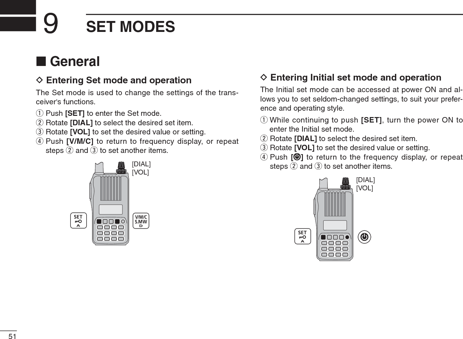 51SET MODES9N GeneralD Entering Set mode and operationThe Set mode is used to change the settings of the trans-ceiver’s functions.q Push [SET] to enter the Set mode.w Rotate [DIAL] to select the desired set item.e Rotate [VOL] to set the desired value or setting.rPush [V/M/C] to return to frequency display, or repeat steps w and e to set another items.[VOL][DIAL]D Entering Initial set mode and operationThe Initial set mode can be accessed at power ON and al-lows you to set seldom-changed settings, to suit your prefer-ence and operating style.qWhile continuing to push [SET], turn the power ON to enter the Initial set mode.w Rotate [DIAL] to select the desired set item.e Rotate [VOL] to set the desired value or setting.rPush [] to return to the frequency display, or repeat steps w and e to set another items.[VOL][DIAL]