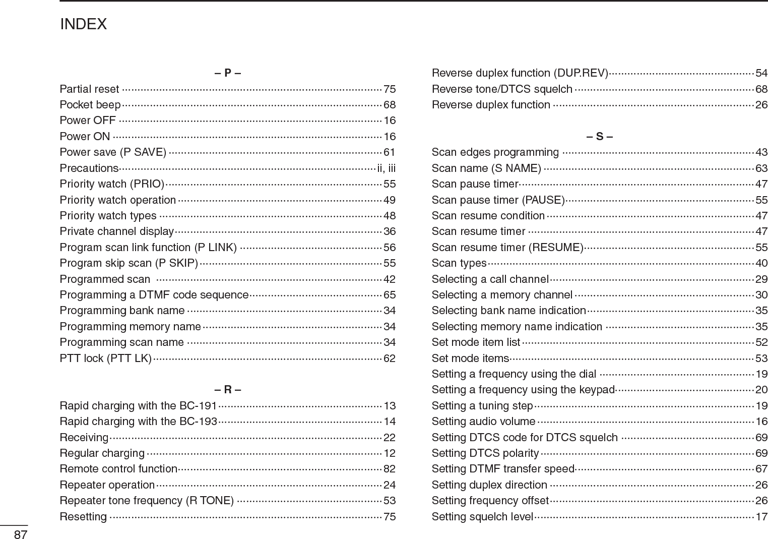 87INDEX– P –Partial reset ····················································································75Pocket beep····················································································68Power OFF ·····················································································16Power ON ·······················································································16Power save (P SAVE) ·····································································61Precautions···················································································ii, iiiPriority watch (PRIO)······································································55Priority watch operation··································································49Priority watch types ········································································48Private channel display···································································36Program scan link function (P LINK) ··············································56Program skip scan (P SKIP)···························································55Programmed scan  ·········································································42Programming a DTMF code sequence···········································65Programming bank name ·······························································34Programming memory name··························································34Programming scan name ·······························································34PTT lock (PTT LK)··········································································62– R –Rapid charging with the BC-191·····················································13Rapid charging with the BC-193·····················································14Receiving························································································22Regular charging ············································································12Remote control function··································································82Repeater operation·········································································24Repeater tone frequency (R TONE) ···············································53Resetting ························································································75Reverse duplex function (DUP.REV)···············································54Reverse tone/DTCS squelch ··························································68Reverse duplex function ·································································26– S –Scan edges programming ······························································43Scan name (S NAME) ····································································63Scan pause timer············································································47Scan pause timer (PAUSE)·····························································55Scan resume condition···································································47Scan resume timer ·········································································47Scan resume timer (RESUME)·······················································55Scan types······················································································40Selecting a call channel··································································29Selecting a memory channel ··························································30Selecting bank name indication······················································35Selecting memory name indication ················································35Set mode item list···········································································52Set mode items···············································································53Setting a frequency using the dial ··················································19Setting a frequency using the keypad·············································20Setting a tuning step·······································································19Setting audio volume ······································································16Setting DTCS code for DTCS squelch ···········································69Setting DTCS polarity·····································································69Setting DTMF transfer speed··························································67Setting duplex direction ··································································26Setting frequency offset··································································26Setting squelch level·······································································17