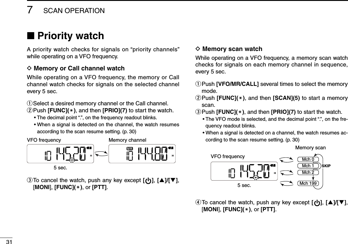31■ Priority watchA priority watch checks for signals on “priority channels” while operating on a VFO frequency.D Memory or Call channel watchWhile operating on a VFO frequency, the memory or Call channel watch checks for signals on the selected channel every 5 sec.q Select a desired memory channel or the Call channel.w  Push [FUNC](M), and then [PRIO](7) to start the watch.•  The decimal point “.”, on the frequency readout blinks.•  When a signal is detected on the channel, the watch resumes according to the scan resume setting. (p. 30)e  To cancel the watch, push any key except [ ], []/[], [MONI], [FUNC](M), or [PTT].D Memory scan watchWhile operating on a VFO frequency, a memory scan watch checks for signals on each memory channel in sequence, every 5 sec. q  Push [VFO/MR/CALL] several times to select the memory mode.w  Push [FUNC](M), and then [SCAN](5) to start a memory scan.e  Push [FUNC](M), and then [PRIO](7) to start the watch.•  The VFO mode is selected, and the decimal point “.”, on the fre-quency readout blinks.•  When a signal is detected on a channel, the watch resumes ac-cording to the scan resume setting. (p. 30)r  To cancel the watch, push any key except [ ], []/[], [MONI], [FUNC](M), or [PTT].Memory channelVFO frequency5 sec.VFO frequency5 sec.Memory scanMch 0Mch 1Mch 2Mch 199SKIP7SCAN OPERATION