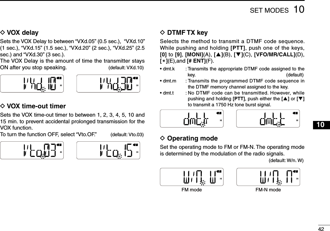 421010SET MODESD  VOX delaySets the VOX Delay to between “VXd.05” (0.5 sec.),  “VXd.10” (1 sec.), “VXd.15” (1.5 sec.), “VXd.20” (2 sec.), “VXd.25” (2.5 sec.) and “VXd.30” (3 sec.). The VOX Delay is the amount of time the transmitter stays ON after you stop speaking.  (default: VXd.10)D  VOX time-out timerSets the VOX time-out timer to between 1, 2, 3, 4, 5, 10 and 15 min. to prevent accidental prolonged transmission for the VOX function.To turn the function OFF, select “Vto.OF.”  (default: Vto.03)D  DTMF TX keySelects the method to transmit a DTMF code sequence. While pushing and holding [PTT], push one of the keys, [0] to [9], [MONI](A), [](B), [](C), [VFO/MR/CALL](D), [M](E),and [# ENT](F).•  dmt.k  :  Transmits the appropriate DTMF code assigned to the key.  (default)•  dmt.m  :  Transmits the programmed DTMF code sequence in the DTMF memory channel assigned to the key.•  dmt.t  :  No DTMF code can be transmitted. However, while pushing and holding [PTT], push either the [] or [] to transmit a 1750 Hz tone burst signal.D  Operating modeSet the operating mode to FM or FM-N. The operating mode is determined by the modulation of the radio signals.            (default: W/n. W)FM mode FM-N mode123456789111213141516171819