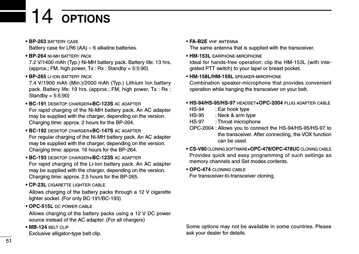 51OPTIONS14• BP-263 battery case  Battery case for LR6 (AA) × 6 alkaline batteries.• BP-264 ni-mh battery pack   7.2 V/1400 mAh (Typ.) Ni-MH battery pack. Battery life: 13 hrs. (approx.; FM, high power, Tx : Rx : Standby = 5:5:90)• BP-265 li-ion battery pack   7.4 V/1900 mAh (Min.)/2000 mAh (Typ.) Lithium Ion battery pack. Battery life: 19 hrs. (approx.; FM, high power, Tx : Rx : Standby = 5:5:90)• BC-191 desktop charger+BC-123S ac adapter   For rapid charging of the Ni-MH battery pack. An AC adapter may be supplied with the charger, depending on the version.  Charging time: approx. 2 hours for the BP-264.• BC-192 desktop charger+BC-147S ac adapter   For regular charging of the Ni-MH battery pack. An AC adapter may be supplied with the charger, depending on the version.  Charging time: approx. 16 hours for the BP-264.• BC-193 desktop charger+BC-123S ac adapter   For rapid charging of the Li-Ion battery pack. An AC adapter may be supplied with the charger, depending on the version.  Charging time: approx. 2.5 hours for the BP-265.• CP-23L cigarette lighter cable   Allows charging of the battery packs through a 12 V cigarette lighter socket. (For only BC-191/BC-193)• OPC-515L dc power cable   Allows charging of the battery packs using a 12 V DC power source instead of the AC adapter. (For all chargers)• MB-124 belt clip  Exclusive alligator-type belt clip.• FA-B2E vhf antenna  The same antenna that is supplied with the transceiver.• HM-153L earphone-mirophone   Ideal for hands-free operation: clip the HM-153L (with inte-grated PTT switch) to your lapel or breast pocket. • HM-158L/HM-159L speaker-mirophone   Combination speaker-microphone that provides convenient operation while hanging the transceiver on your belt.• HS-94/HS-95/HS-97 headset+OPC-2004 plug adapter cable  HS-94  : Ear hook type  HS-95  : Neck &amp; arm type  HS-97  : Throat microphone  OPC-2004 :  Allows you to connect the HS-94/HS-95/HS-97 to the transceiver. After connecting, the VOX function can be used.•  CS-V80 cloning software+OPC-478/OPC-478UC cloning cableProvides quick and easy programming of such settings as memory channels and Set modes contents.• OPC-474 cloning cable For transceiver-to-transceiver cloning.Some options may not be available in some countries. Please ask your dealer for details.