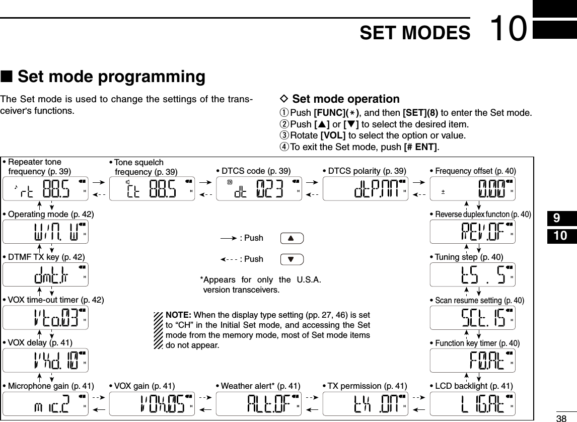 3891010SET MODES■ Set mode programmingThe Set mode is used to change the settings of the trans-ceiver’s functions.D  Set mode operationq  Push [FUNC](M), and then [SET](8) to enter the Set mode.w  Push [] or [] to select the desired item.e  Rotate [VOL] to select the option or value.r To exit the Set mode, push [# ENT].• Repeater tone  frequency (p. 39)• Tone squelch  frequency (p. 39) • DTCS code (p. 39) • DTCS polarity (p. 39) • Frequency offset (p. 40)• Reverse duplex functon (p. 40)• Tuning step (p. 40)• Scan resume setting (p. 40)• Function key timer (p. 40)• LCD backlight (p. 41)• TX permission (p. 41)• VOX gain (p. 41)• Microphone gain (p. 41)• Weather alert* (p. 41)• VOX delay (p. 41)• VOX time-out timer (p. 42)• DTMF TX key (p. 42)• Operating mode (p. 42) *Appears  for  only  the  U.S.A. version transceivers.: Push: PushNOTE: When the display type setting (pp. 27, 46) is set to “CH” in the Initial Set mode, and accessing the Set mode from the memory mode, most of Set mode items do not appear.12435678111214131516171819