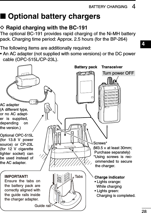 284BATTERY CHARGING1234567891011121314151617181920■ Optional battery chargersD Rapid charging with the BC-191The optional BC-191 provides rapid charging of the Ni-MH battery pack. Charging time period: Approx. 2.5 hours (for the BP-264)The following items are additionally required:•  An AC adapter (not supplied with some versions) or the DC power cable (OPC-515L/CP-23L).Optional OPC-515L (for  13.8  V  power source)  or  CP-23L (for  12  V  cigarette lighter  socket)  can be  used  instead  of the AC adapter.Charge indicator• Lights orange:  While charging• Lights green:  Charging is completed.AC adapter(A different type, or no AC adapt-er  is  supplied, depending  on the version.)Battery pack TransceiverTurn power OFFIMPORTANT!Ensure  the  tabs  on the  battery  pack  are correctly aligned with the guide  rails inside the charger adapter.Guide railTabsM3.5 × at least 30mm; Purchase separately)Screws*(*Using  screws  is  rec-ommended  to  secure the charger.