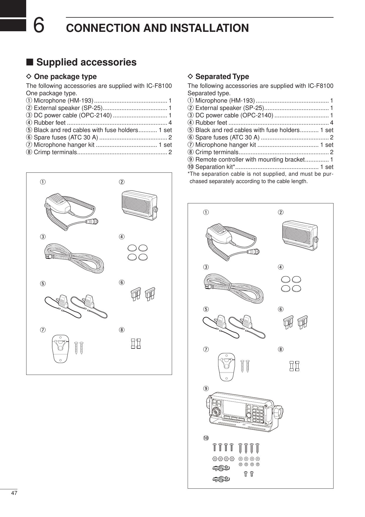 647CONNECTION AND INSTALLATION2001 NEW 2001 NEW2001 NEW■ Supplied accessoriesertyqwuio!0ertyqwuiD One package typeThe following accessories are supplied with IC-F8100 One package type.q Microphone (HM-193) ........................................... 1w External speaker (SP-25) ...................................... 1e DC power cable (OPC-2140) ................................ 1r Rubber feet ........................................................... 4t Black and red cables with fuse holders ........... 1 sety Spare fuses (ATC 30 A) ........................................ 2u Microphone hanger kit .................................... 1 seti Crimp terminals ..................................................... 2D Separated TypeThe following accessories are supplied with IC-F8100 Separated type.q Microphone (HM-193) ........................................... 1w External speaker (SP-25) ...................................... 1e DC power cable (OPC-2140) ................................ 1r Rubber feet ........................................................... 4t Black and red cables with fuse holders ........... 1 sety Spare fuses (ATC 30 A) ........................................ 2u Microphone hanger kit .................................... 1 seti Crimp terminals ..................................................... 2o Remote controller with mounting bracket .............. 1!0 Separation kit* ................................................. 1 set* The separation cable is not supplied, and must be pur-chased separately according to the cable length. 